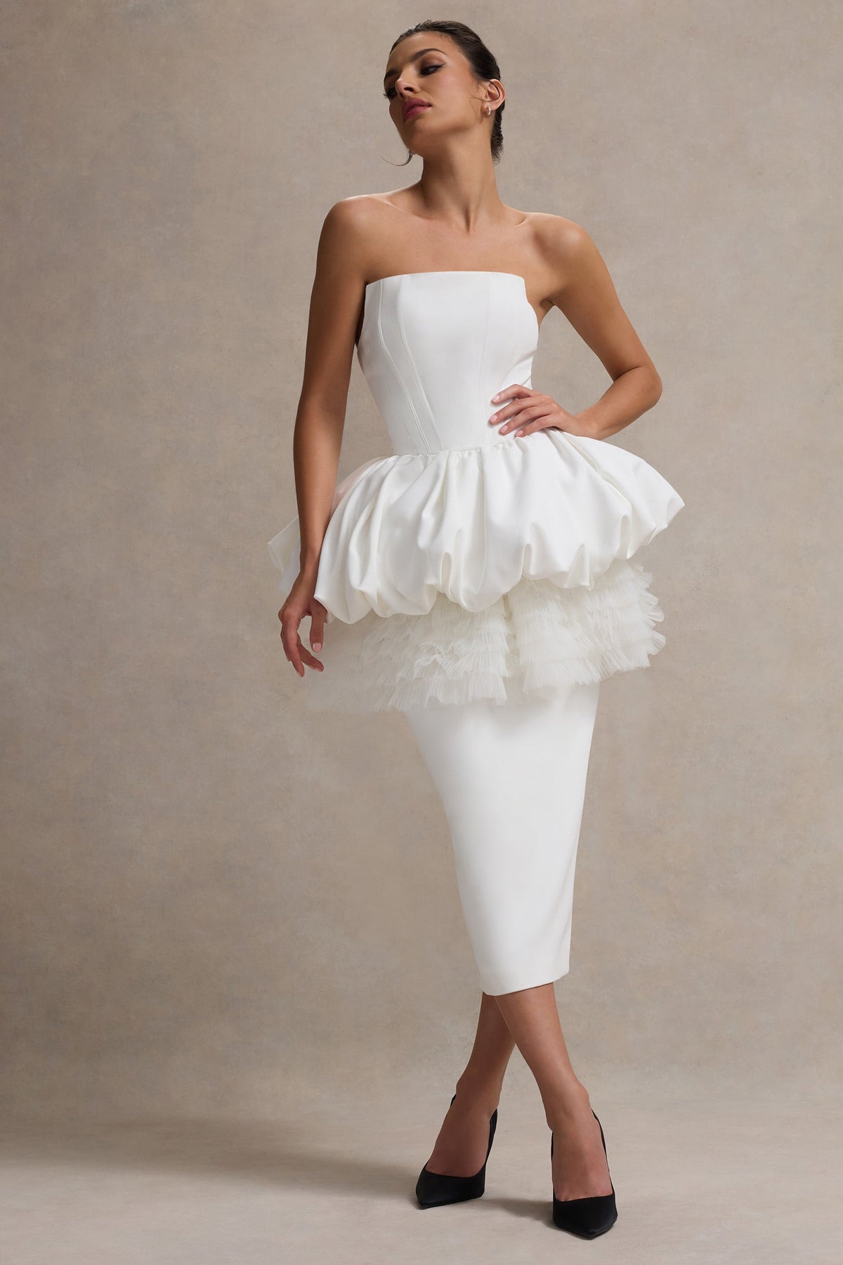 Jones | Witte Strapless Midi Jurk Met peplum Taille