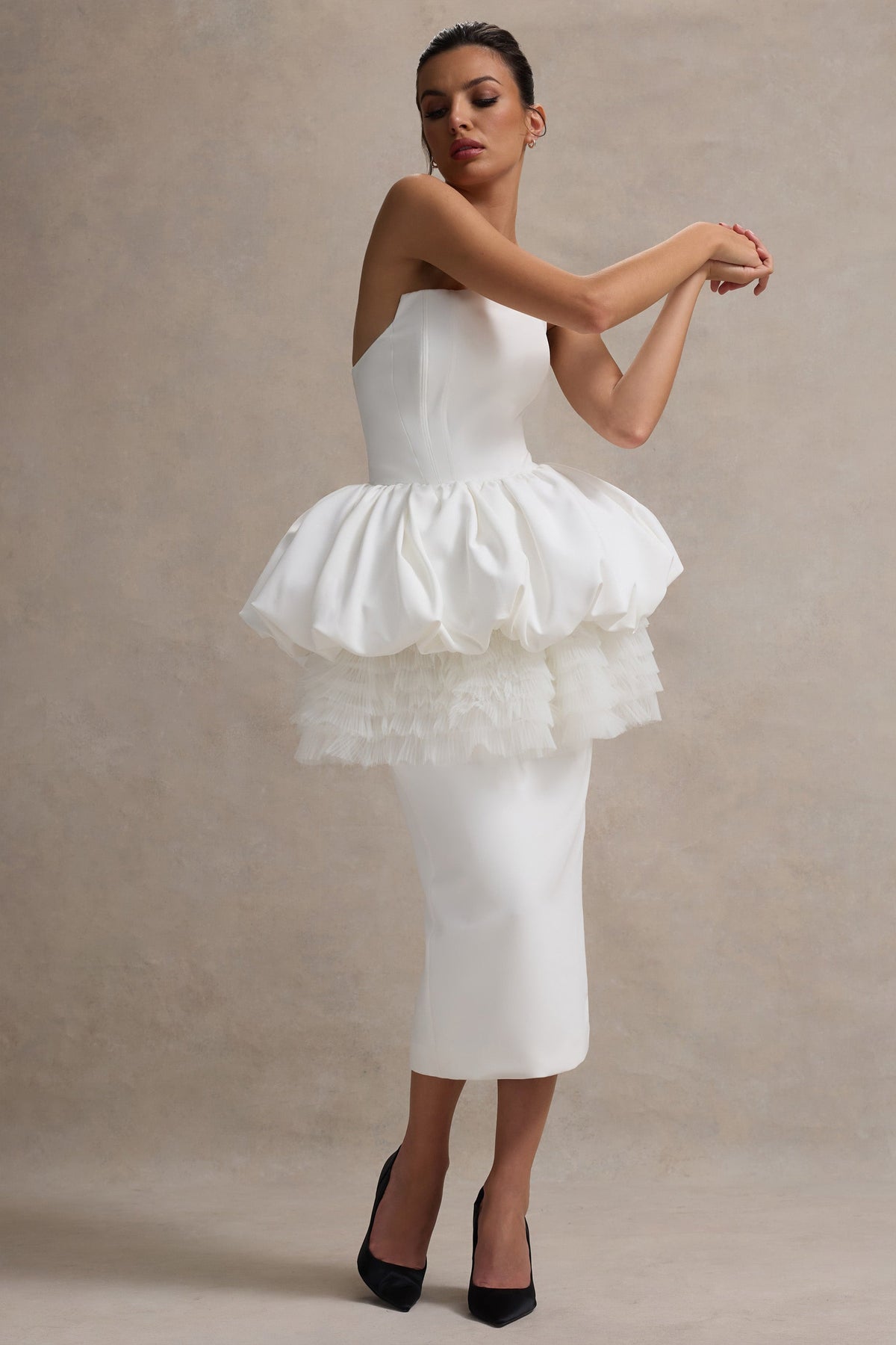 Jones | Witte Strapless Midi Jurk Met peplum Taille