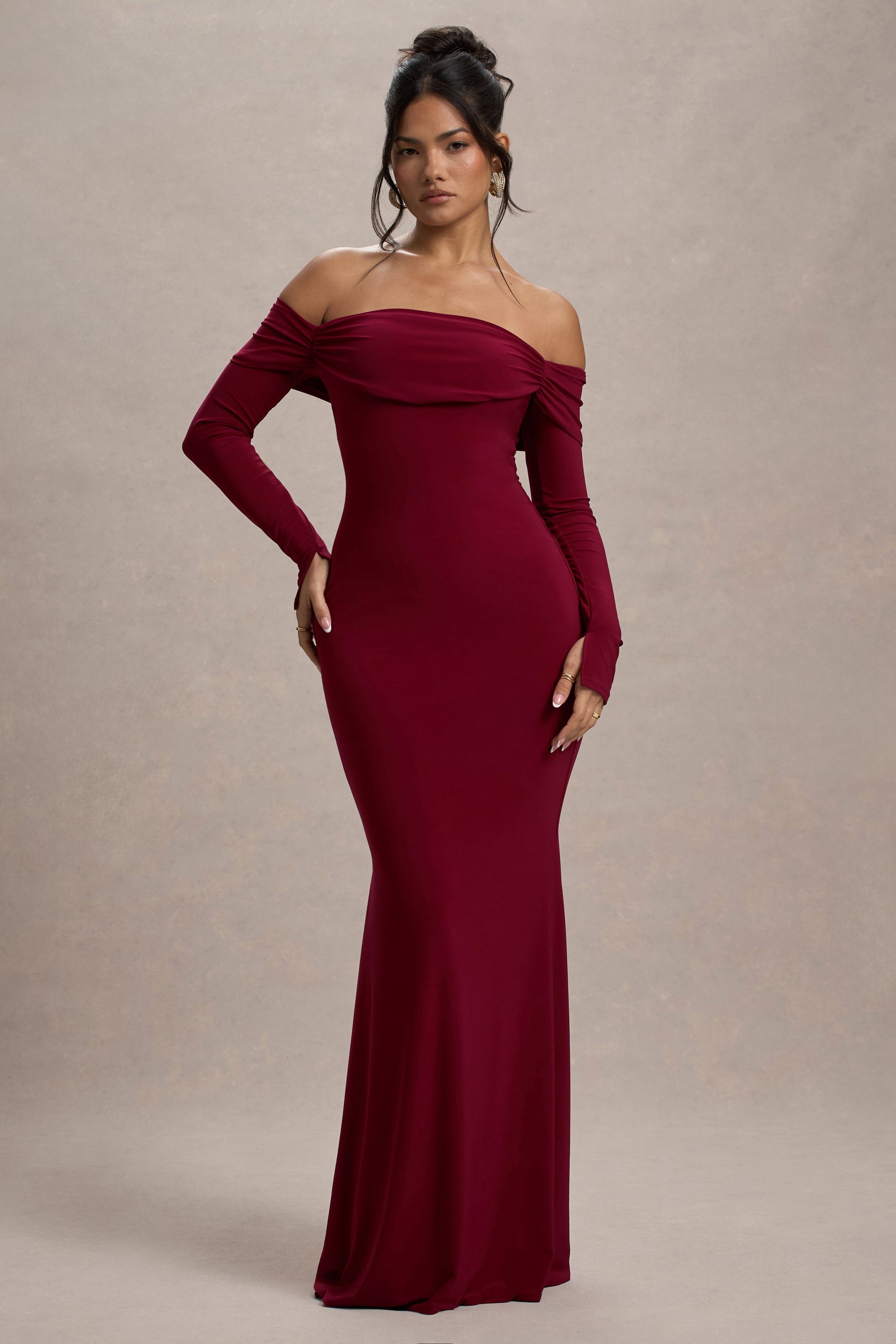 Amaia | Bessenrode Bardot Maxi Jurk Met Lange Mouwen