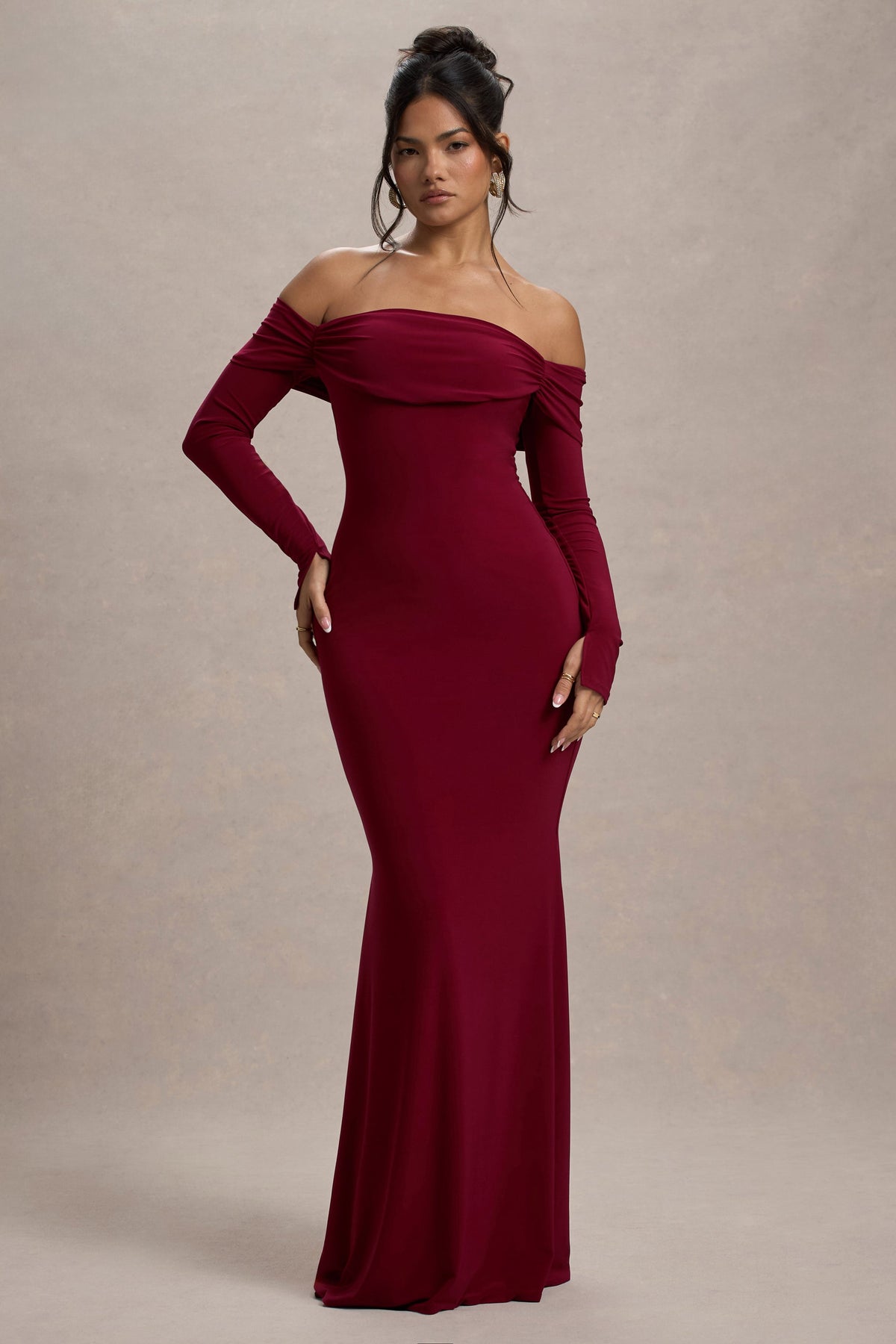 Amaia | Bessenrode Bardot Maxi Jurk Met Lange Mouwen