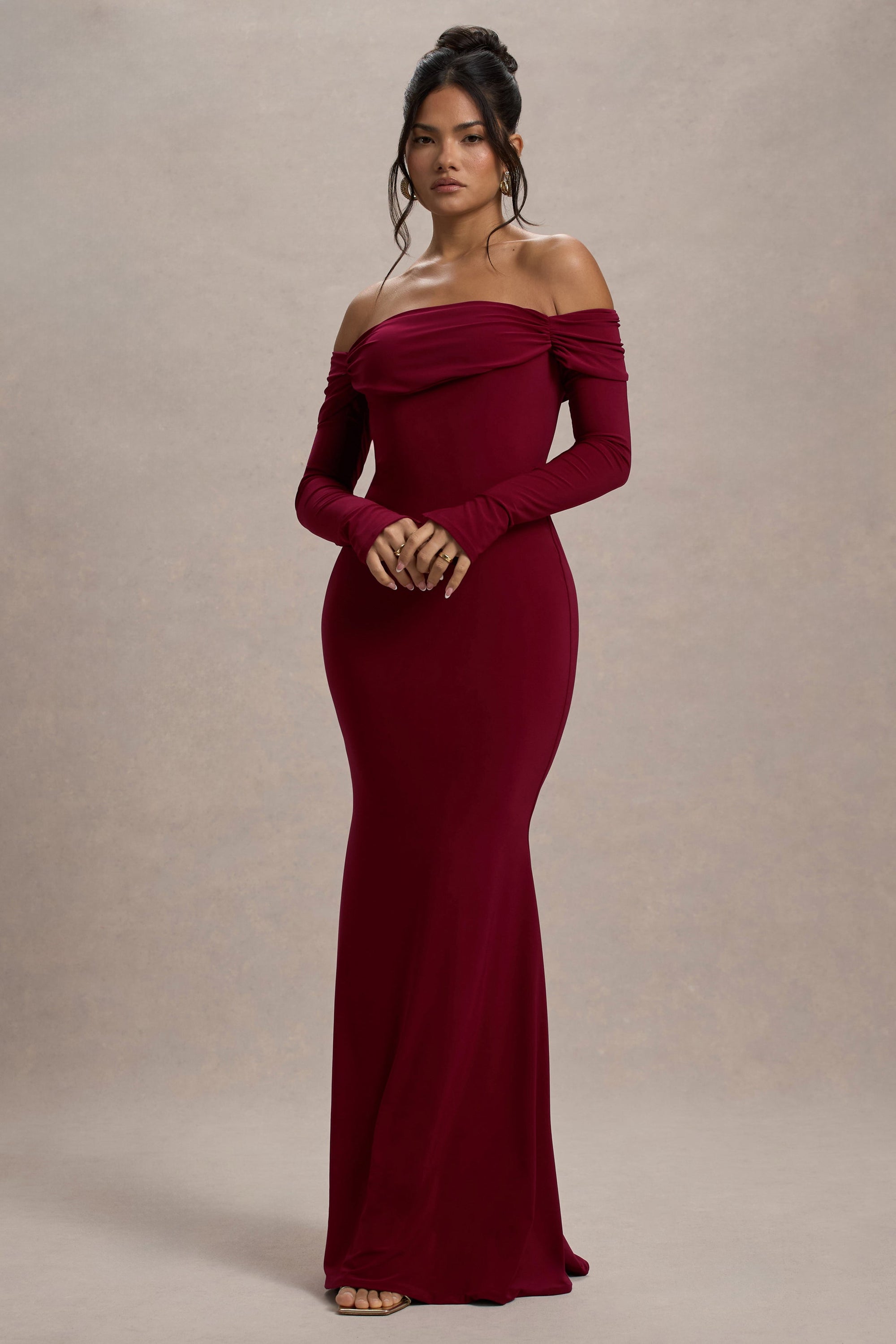 Amaia | Bessenrode Bardot Maxi Jurk Met Lange Mouwen