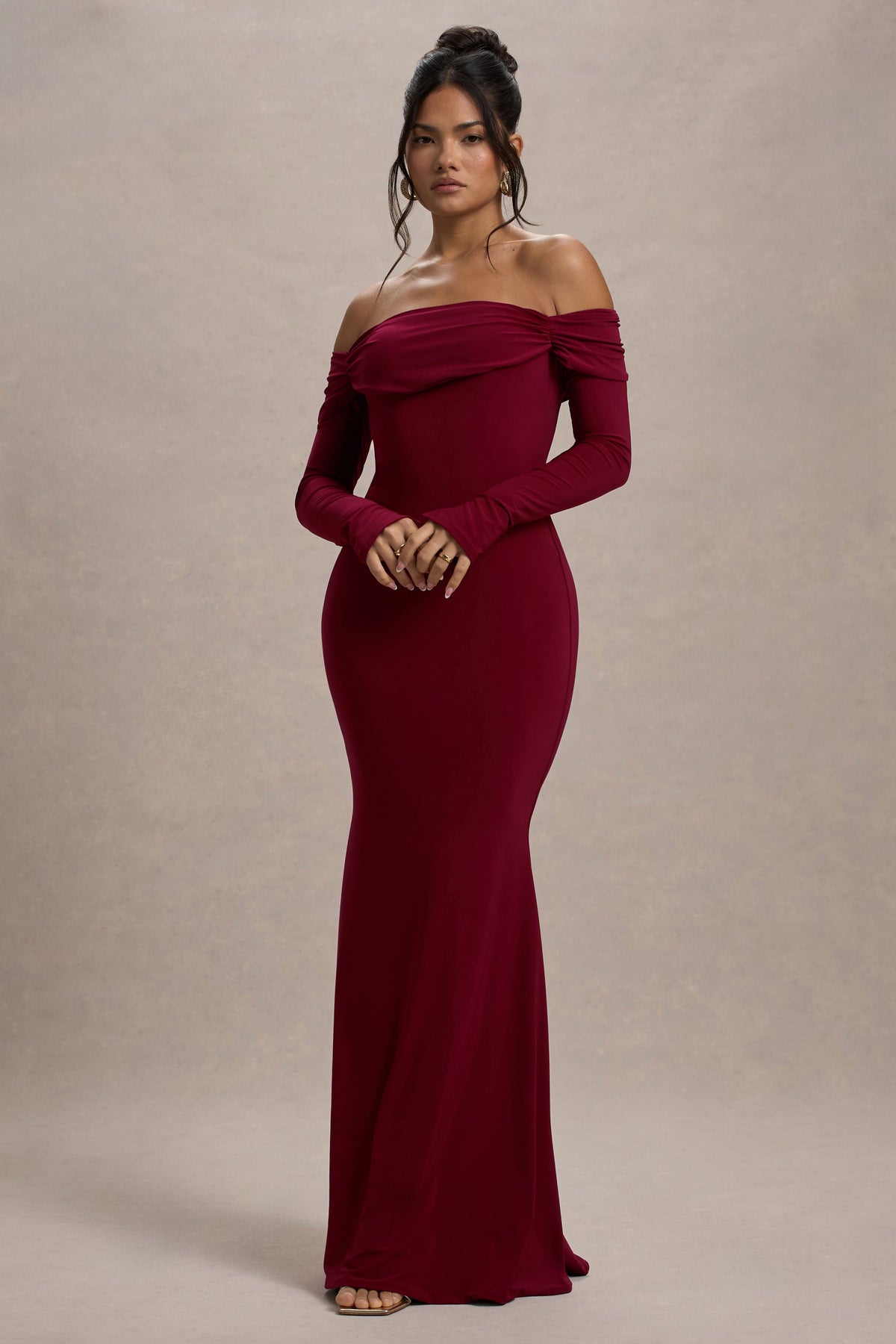 Amaia | Bessenrode Bardot Maxi Jurk Met Lange Mouwen
