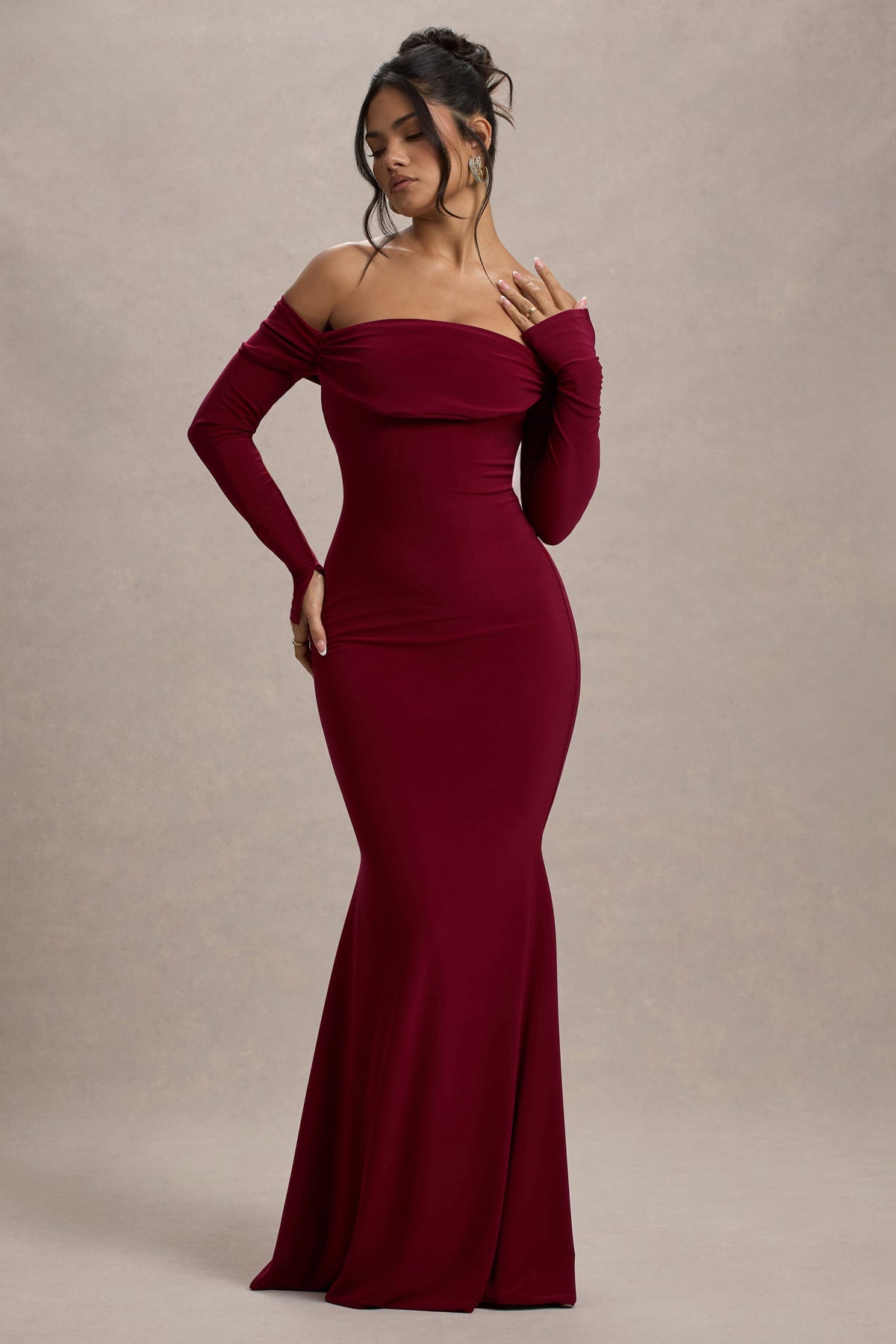 Amaia | Bessenrode Bardot Maxi Jurk Met Lange Mouwen