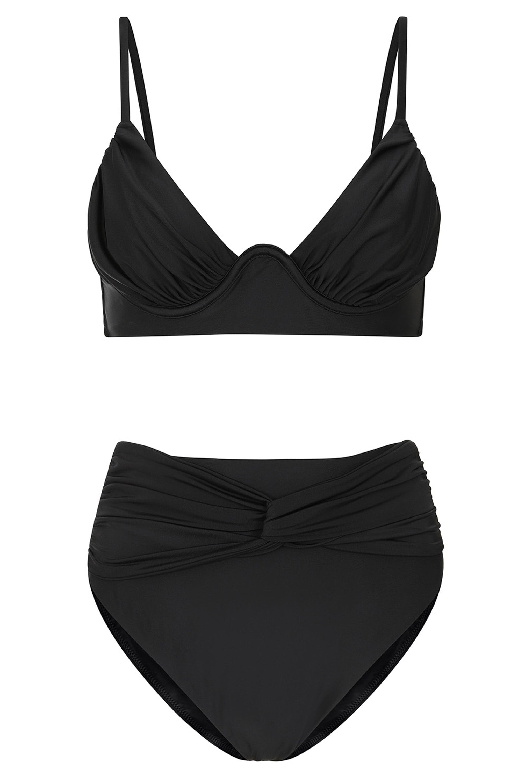 High Tide | Zwarte Gedraaide Bikini Broekje  Met Hoge Taille En Knoopdetail aan de Voorkant