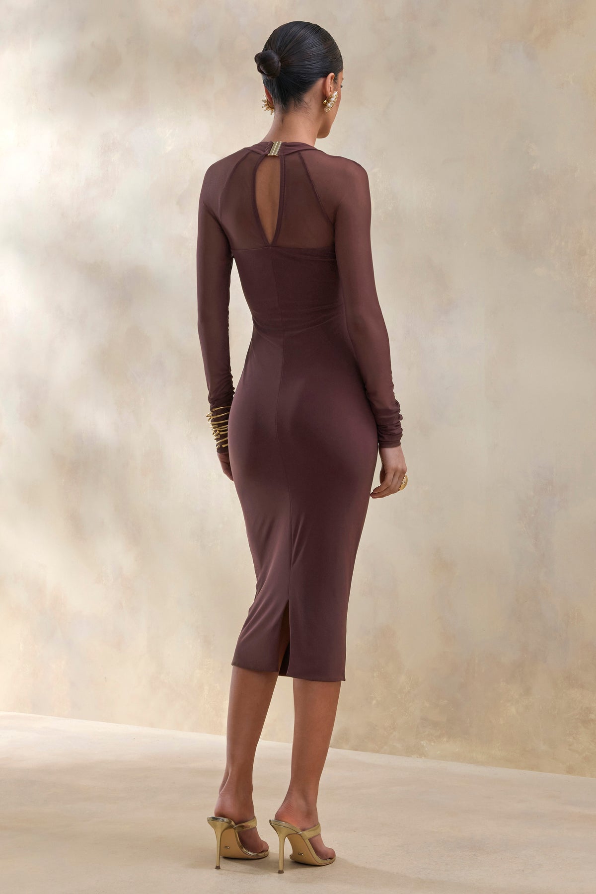 ECM_HR_CL131062022 - Off Track | Brown Bodycon Midi Dress With Sheer Sleeves 2.jpg