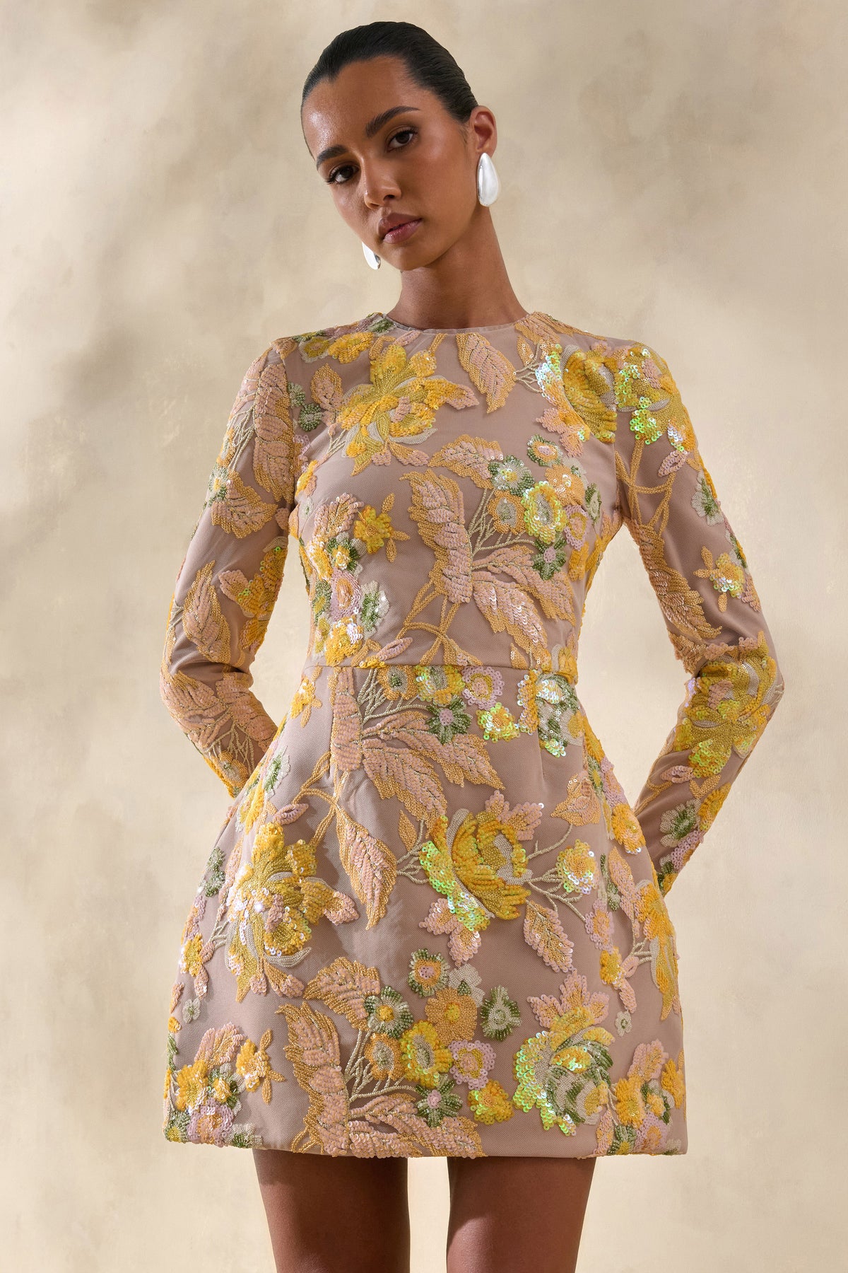 ECM_HR_CL137212121 - Merdia | Yellow Embellished Floral Crew-Neck Mini Dress 3.jpg