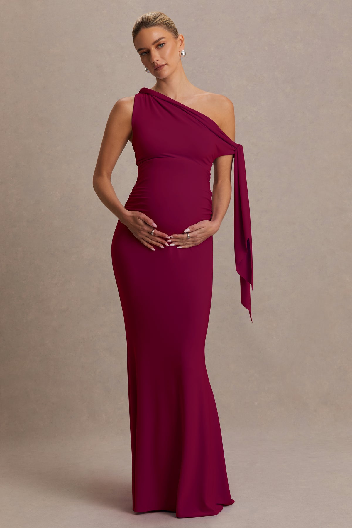 CL137446102 - Orielle | Burgundy Asymmetric-Neck Maxi Dress With Knot-Sleeve And Sash0.jpg