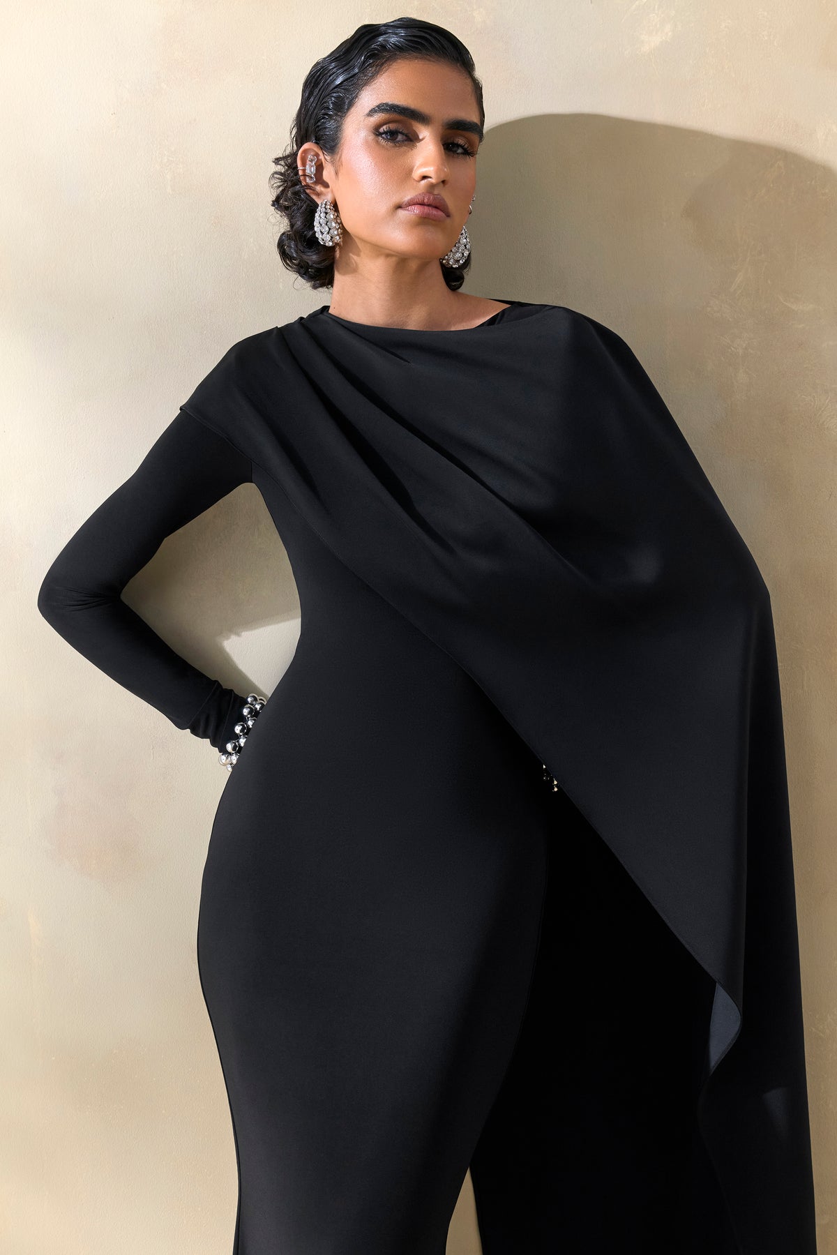 ECM_HR_CL137666001 - Salenne _ Black Round-Neck Maxi Dress With Satin Asymmetric-Cape 4.jpg