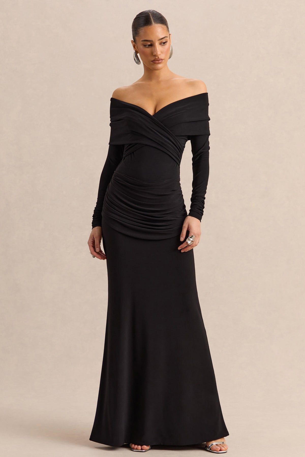 CL13783600106_ECM_HR_CL137820001---Kaelis-_-Black-Bardot-Neck-Bodysuit-With-Long-Sleeves-_-CL137836001---Esara-_-Black-Maxi-Skirt-With-Gathered-Detailing-0
