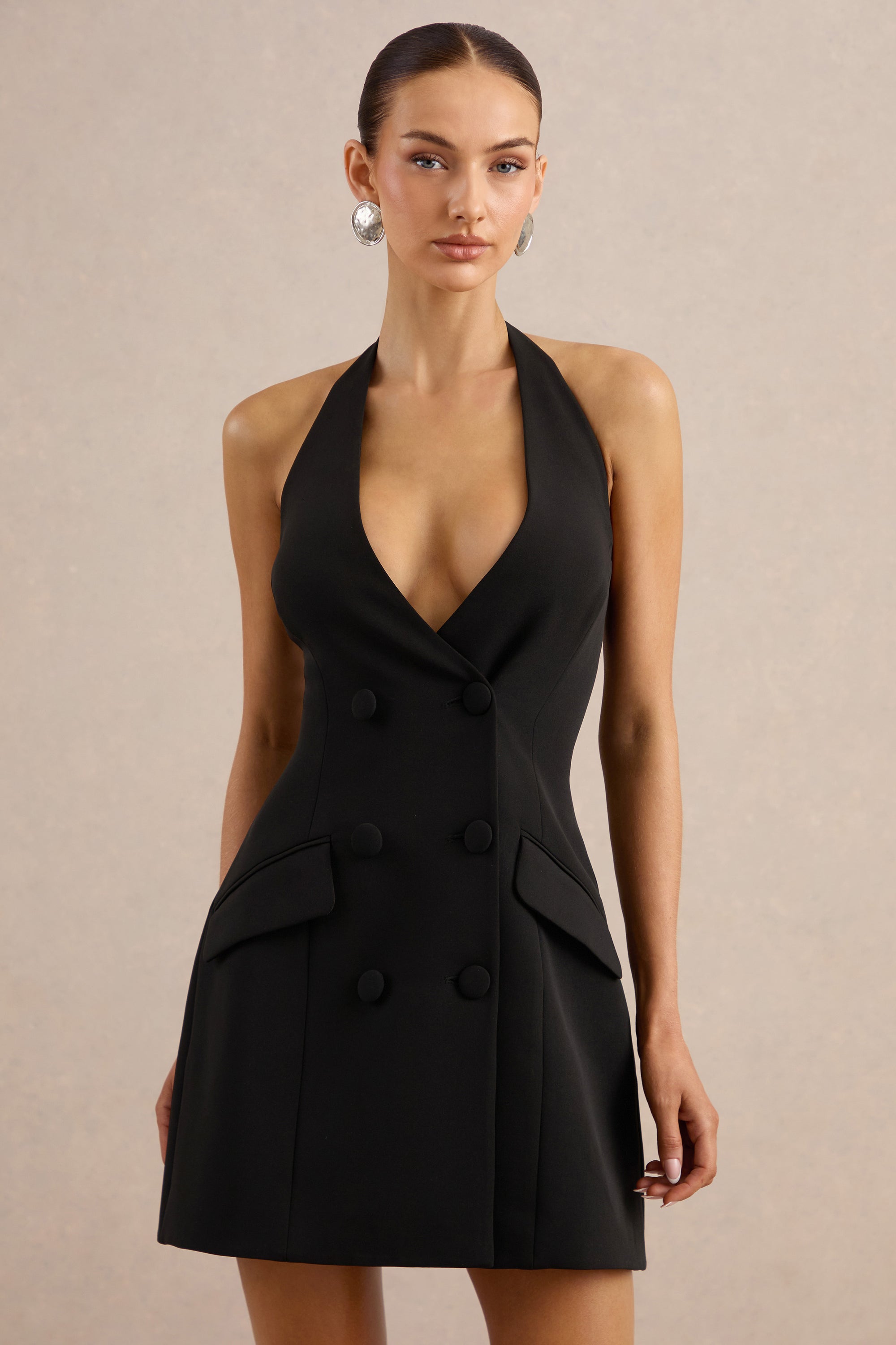 ECM_HR_CL138093001 - Carlin | Black Plunge-Neck Tailored Mini Dress With Button Detailing 2.jpg