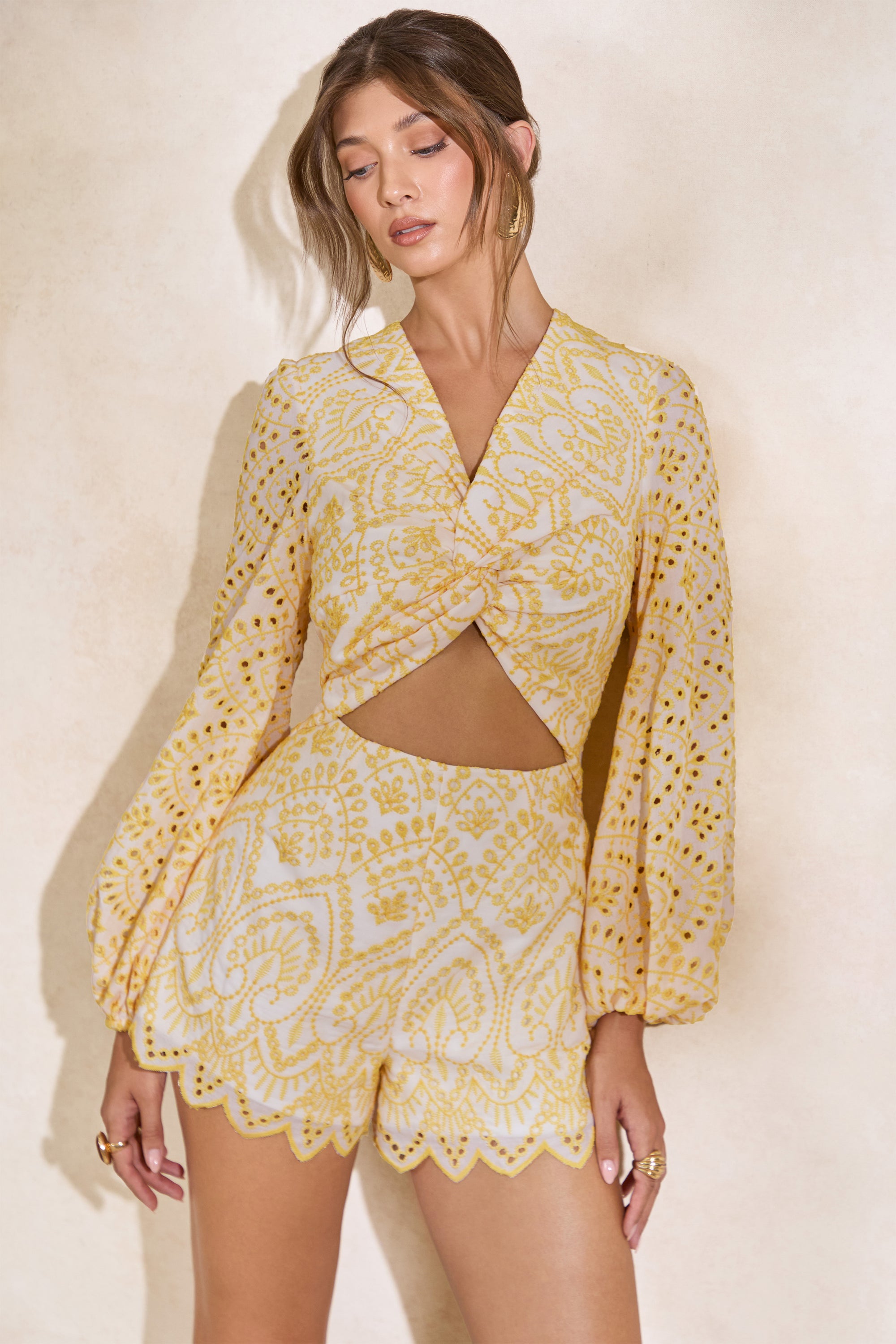 CL138203121 - Ksenia _ Lemon and White Broderie Plunge-Neck Playsuit With Twist Detail3.jpg