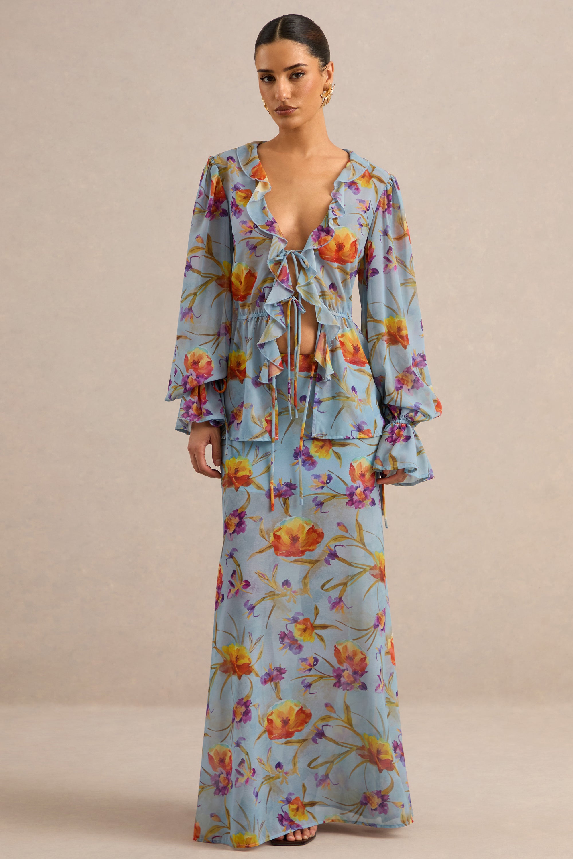 CL138215016 - Alveta | Blue Floral Chiffon Sheer V-Neck Top With Ruffled Detailing2.jpg