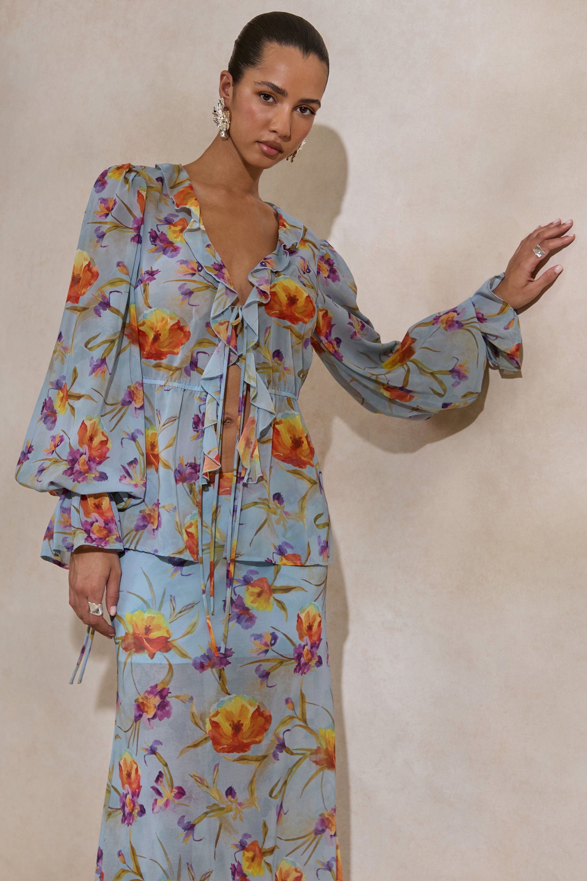 CL138215016 - Alveta _ Blue Floral Chiffon Sheer V-Neck Top With Ruffled Detailing 5.jpg