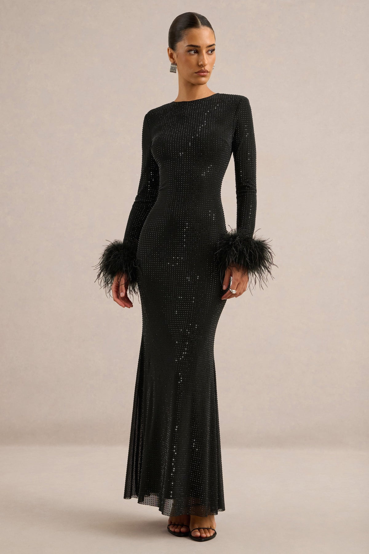 CL13839400106_ECM_HR_CL138394001_-_Garance___Black_Hotfix_Round-Neck_Maxi_Dress_With_Feather_Trim_Cuffs3