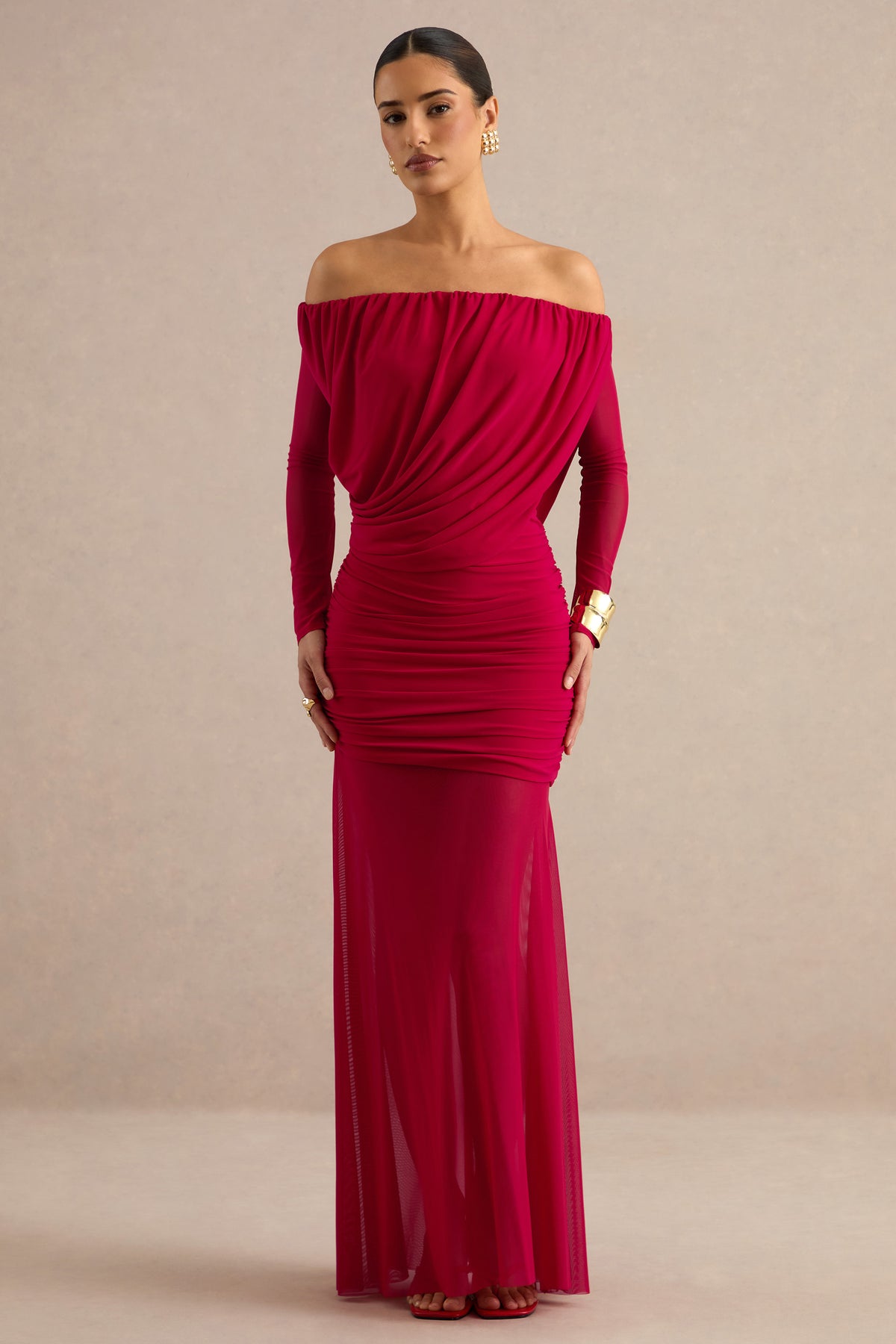 ECM_HR_CL138432100 - Amaline _ Red Mesh Bardot-Neck Maxi Dress With Draped Detailing 2.jpg