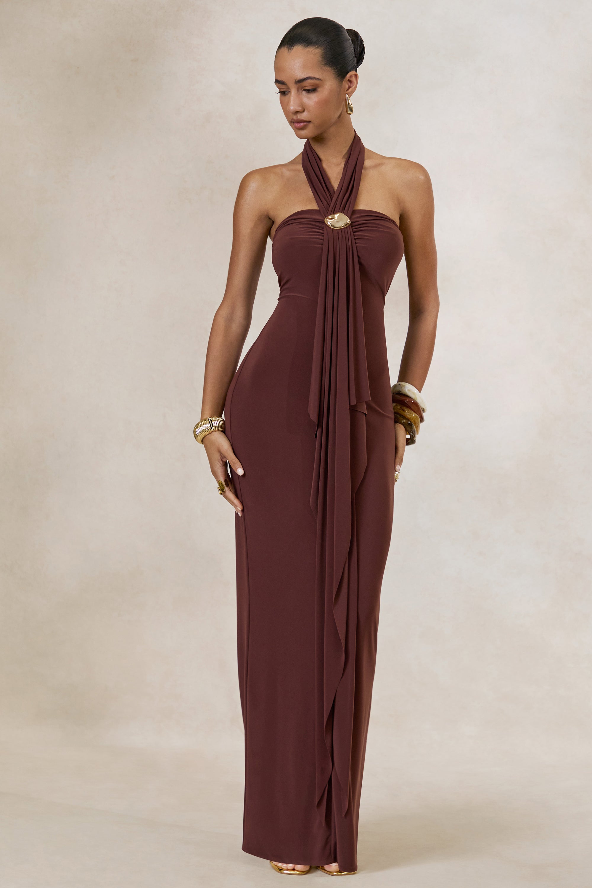 ECM_HR_CL138440022 - Delaina _ Dark Brown Halter-Neck Maxi Dress With Gold Detail And Sash2.jpg