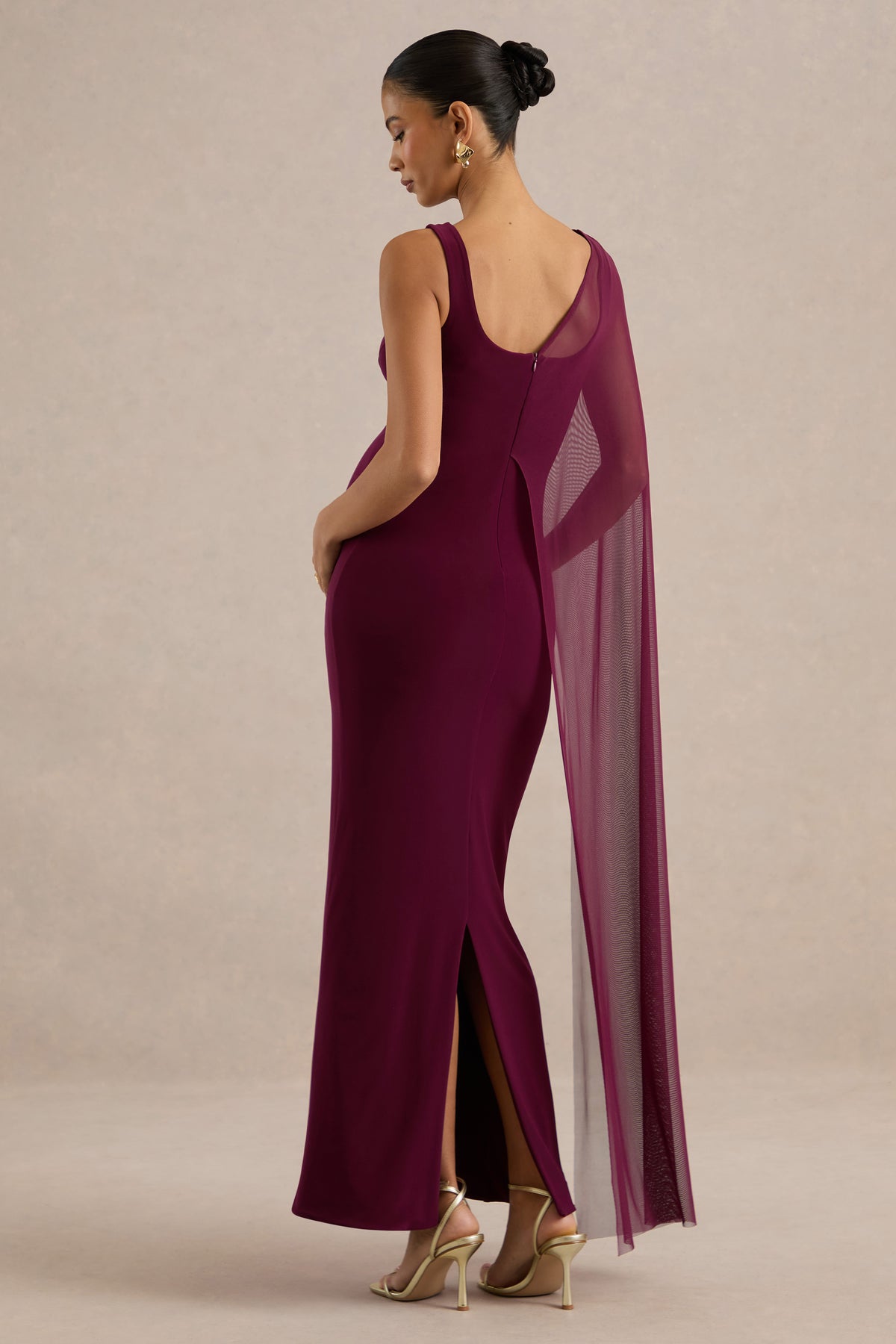 ECM_HR_CL138471102 - Camora | Burgundy Asymmetric-Neck Maternity Maxi Dress With Sheer Cape Sleeve0.jpg