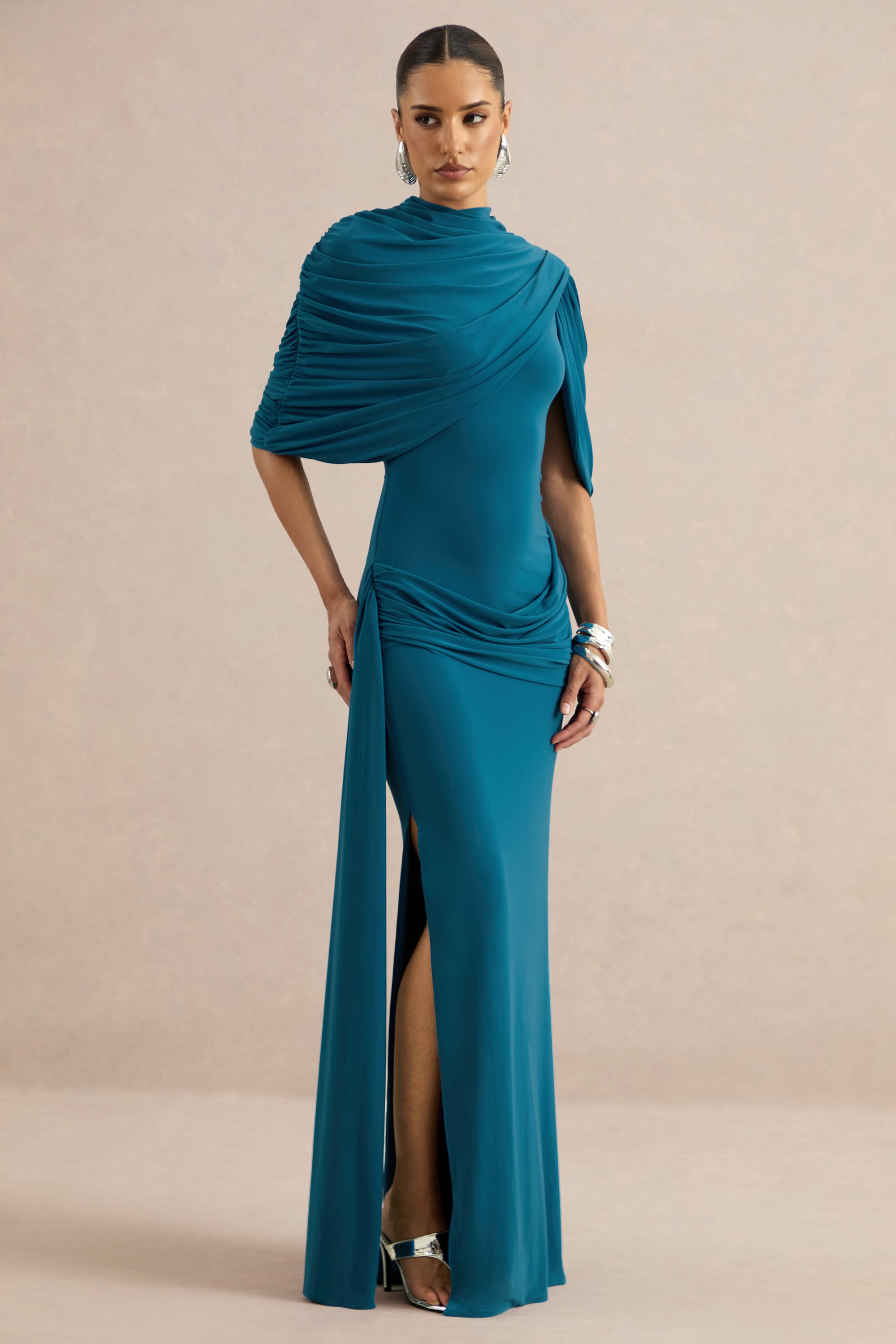 ECM_HR_CL138531036 - Eleri | Teal High-Neck Maxi Dress With One Short Cape Sleeve And Gathered Detailing 0.jpg