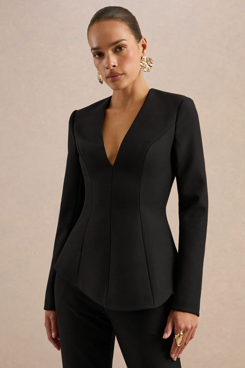 CL138704001 - Ysabel Black Plunge-Neck Long Sleeve Top0.jpg