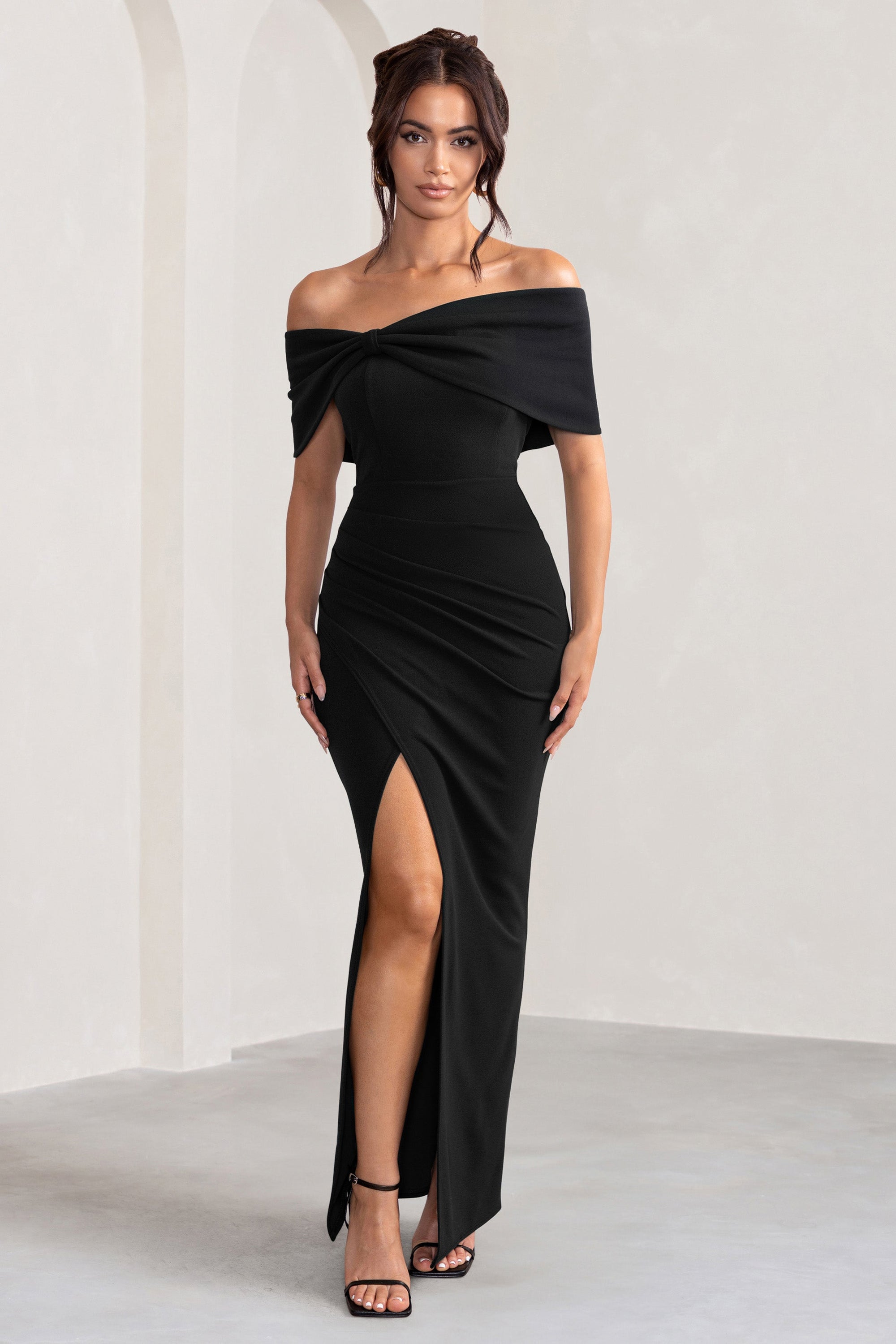 WB_BR_CL127770-EvaBlackBardotBowDetailMaxiDressWithThighSplit0