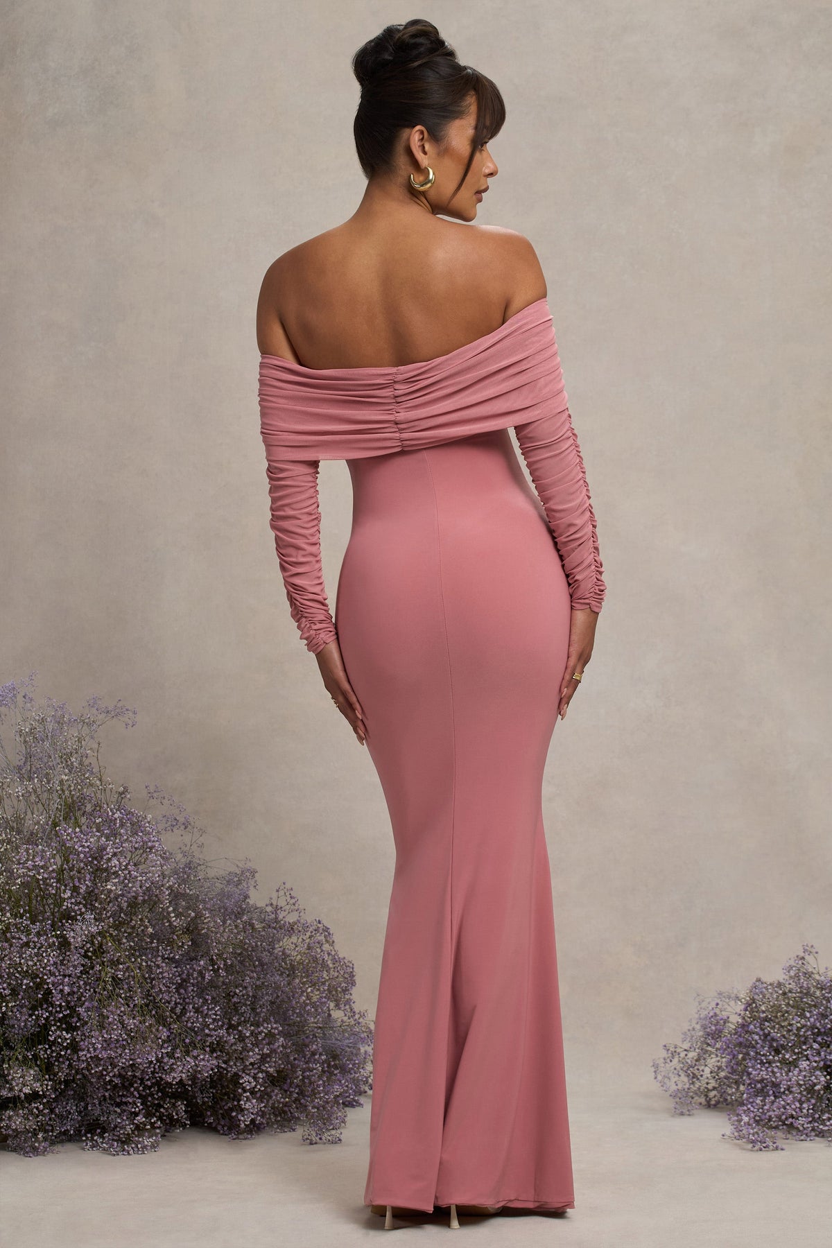 Pretty Perfect | Blosroze Zwangerschaps Gerimpeld Mesh Bardot Maxi Jurk