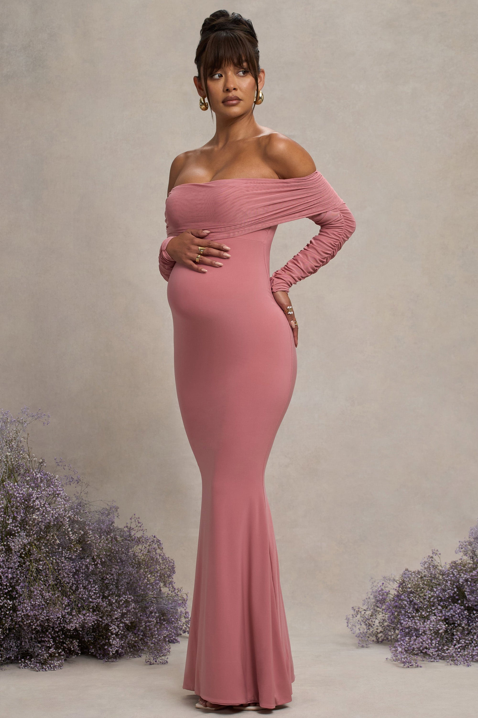Pretty Perfect | Blosroze Zwangerschaps Gerimpeld Mesh Bardot Maxi Jurk