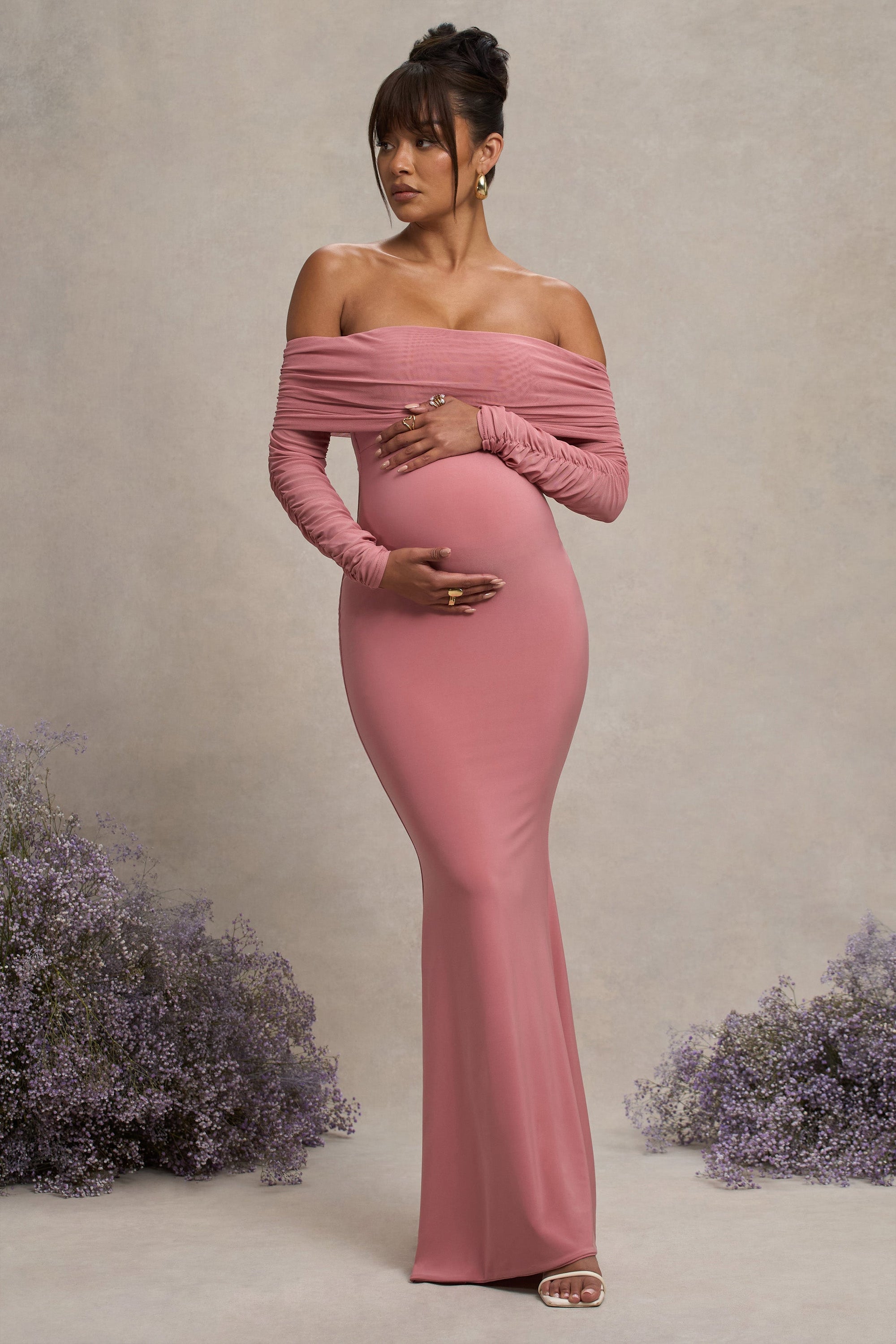Pretty Perfect | Blosroze Zwangerschaps Gerimpeld Mesh Bardot Maxi Jurk