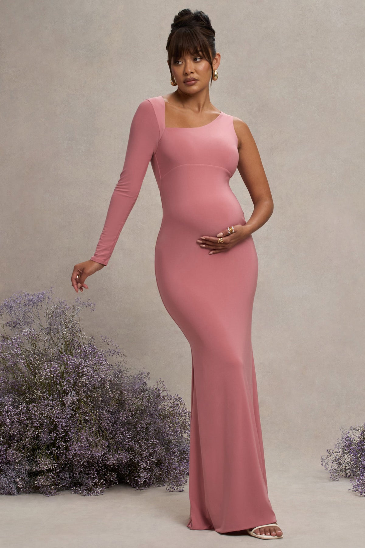 Oh Baby | Blosroze Zwangerschaps Bodycon Maxi Jurk Met Blote Schouder