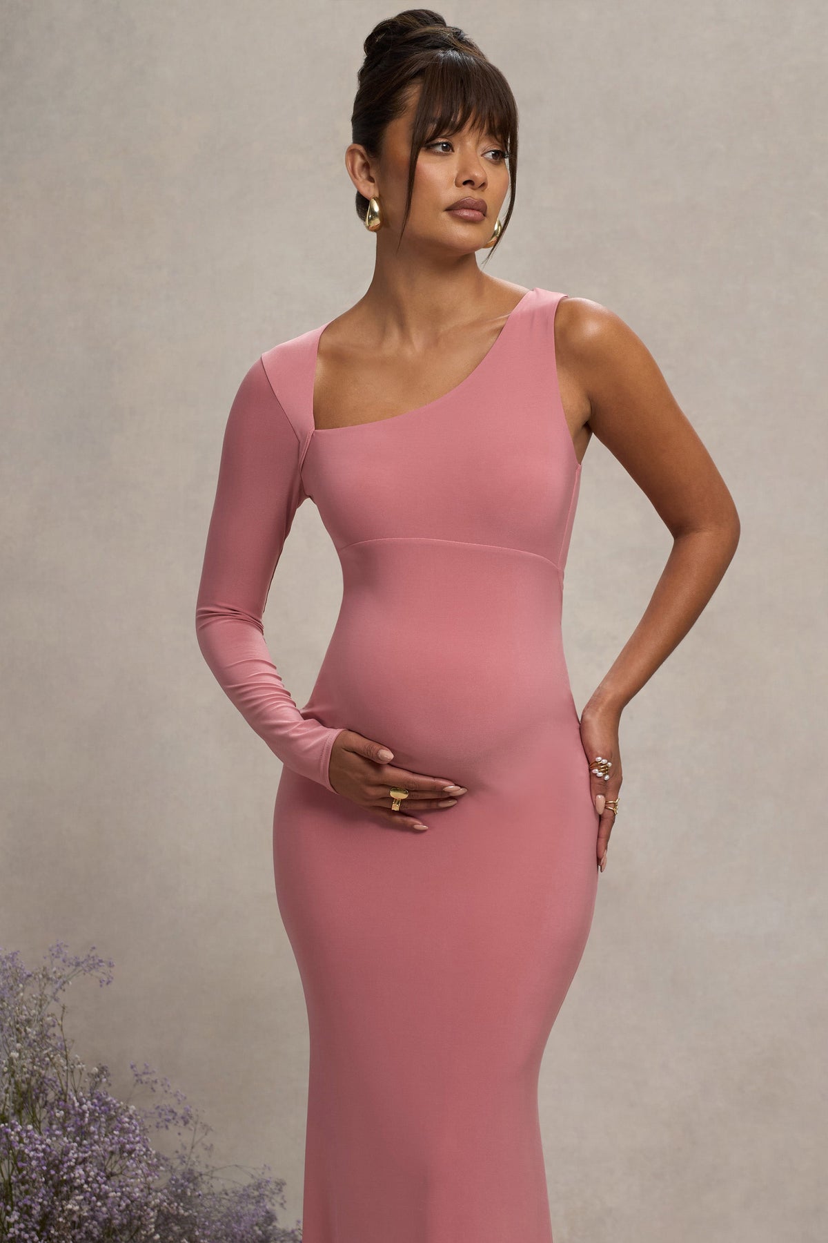 Oh Baby | Blosroze Zwangerschaps Bodycon Maxi Jurk Met Blote Schouder