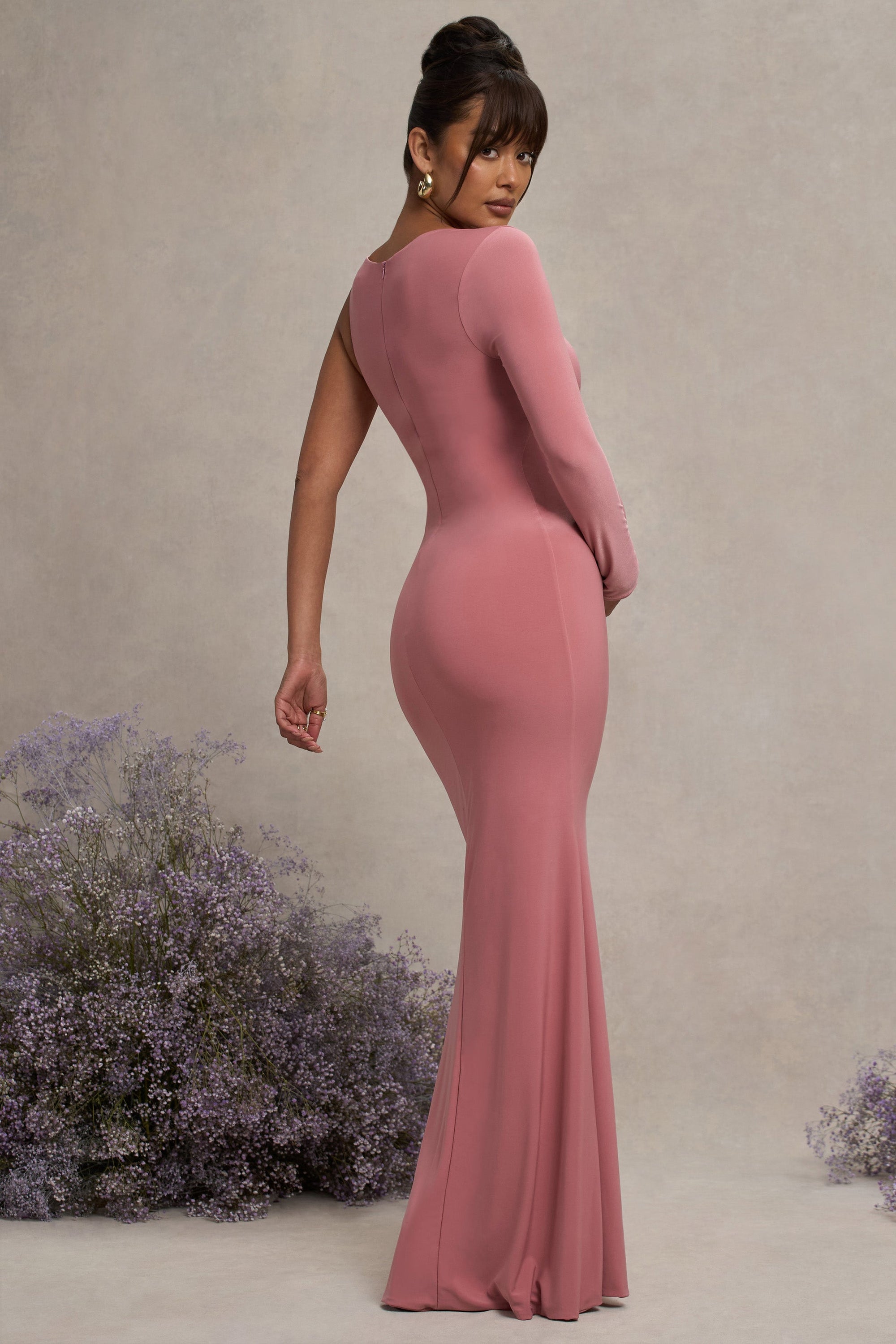 Oh Baby | Blosroze Zwangerschaps Bodycon Maxi Jurk Met Blote Schouder