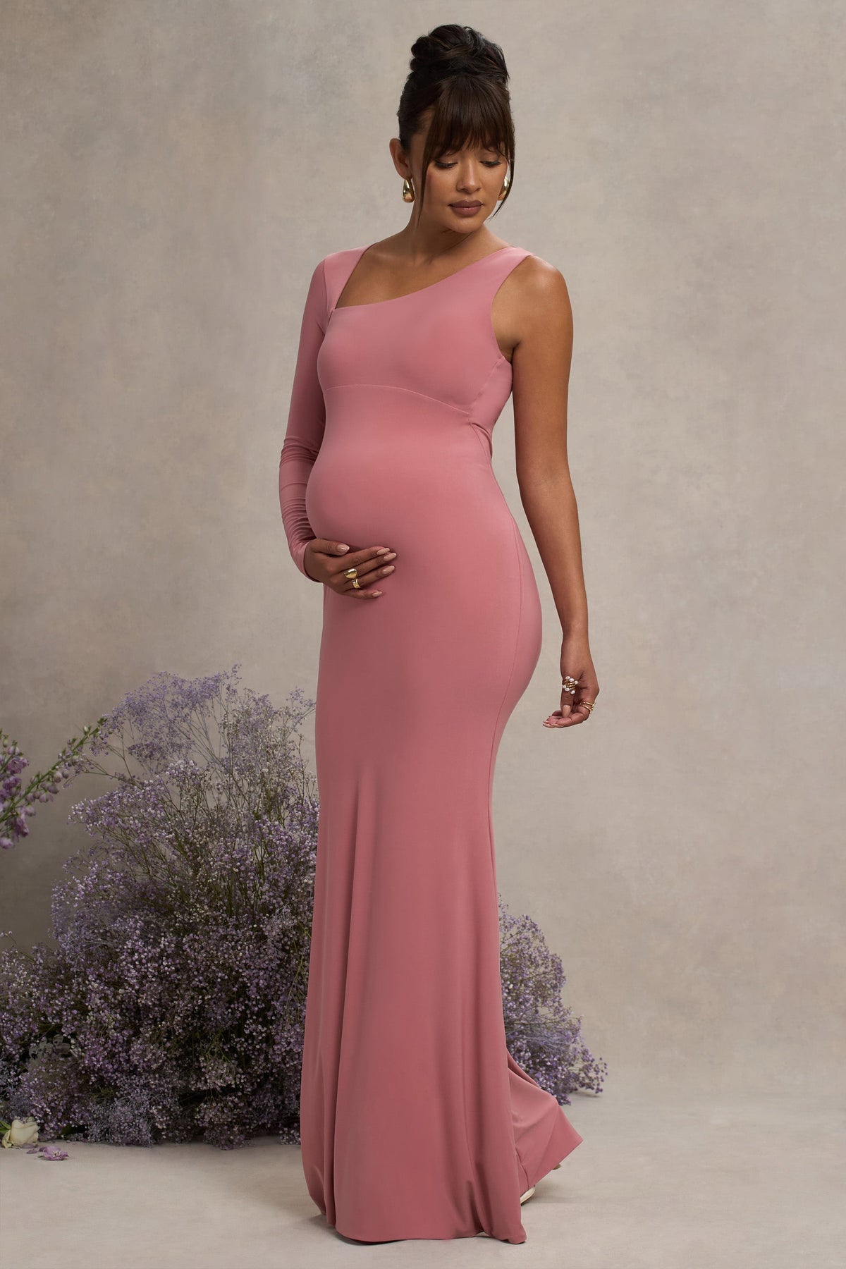 Oh Baby | Blosroze Zwangerschaps Bodycon Maxi Jurk Met Blote Schouder