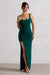 Kate | Flessengroene Vierkante Hals Maxi Jurk Met Diepe Rug Opening En Dijsplit