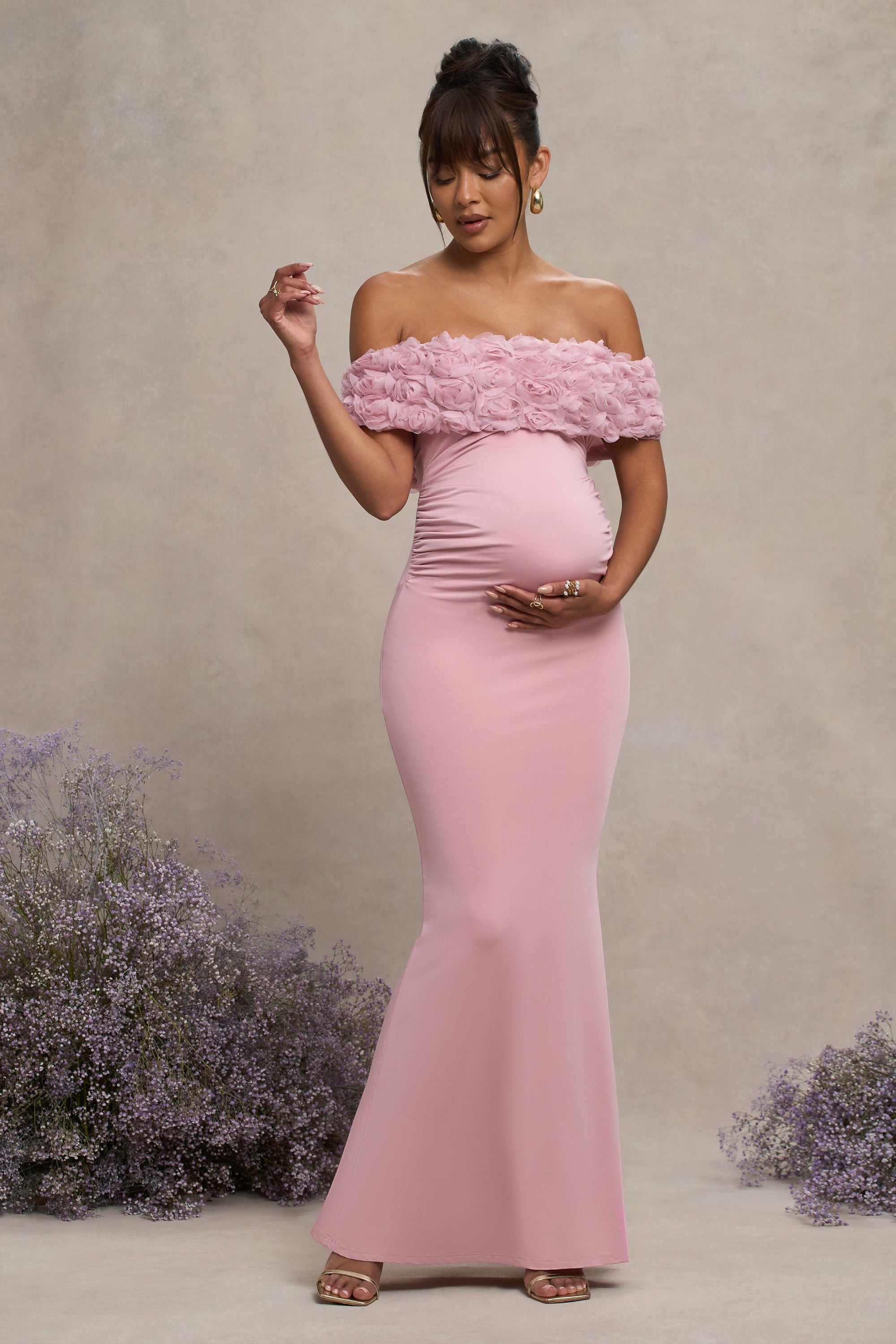 Inflorescence | Blosroze Mesh Bloemen Bardot Zwangerschaps Maxi Jurk