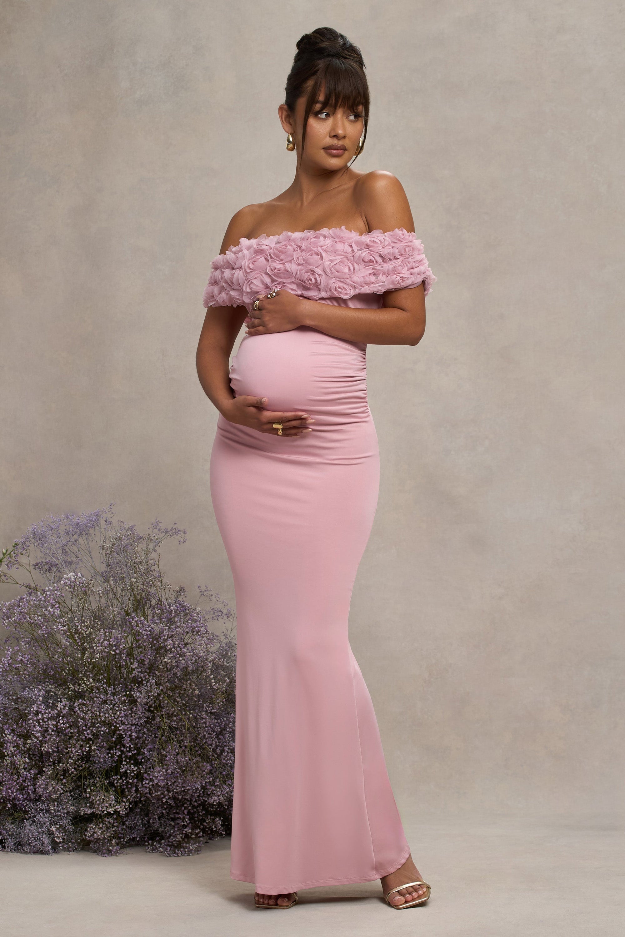 Inflorescence | Blosroze Mesh Bloemen Bardot Zwangerschaps Maxi Jurk