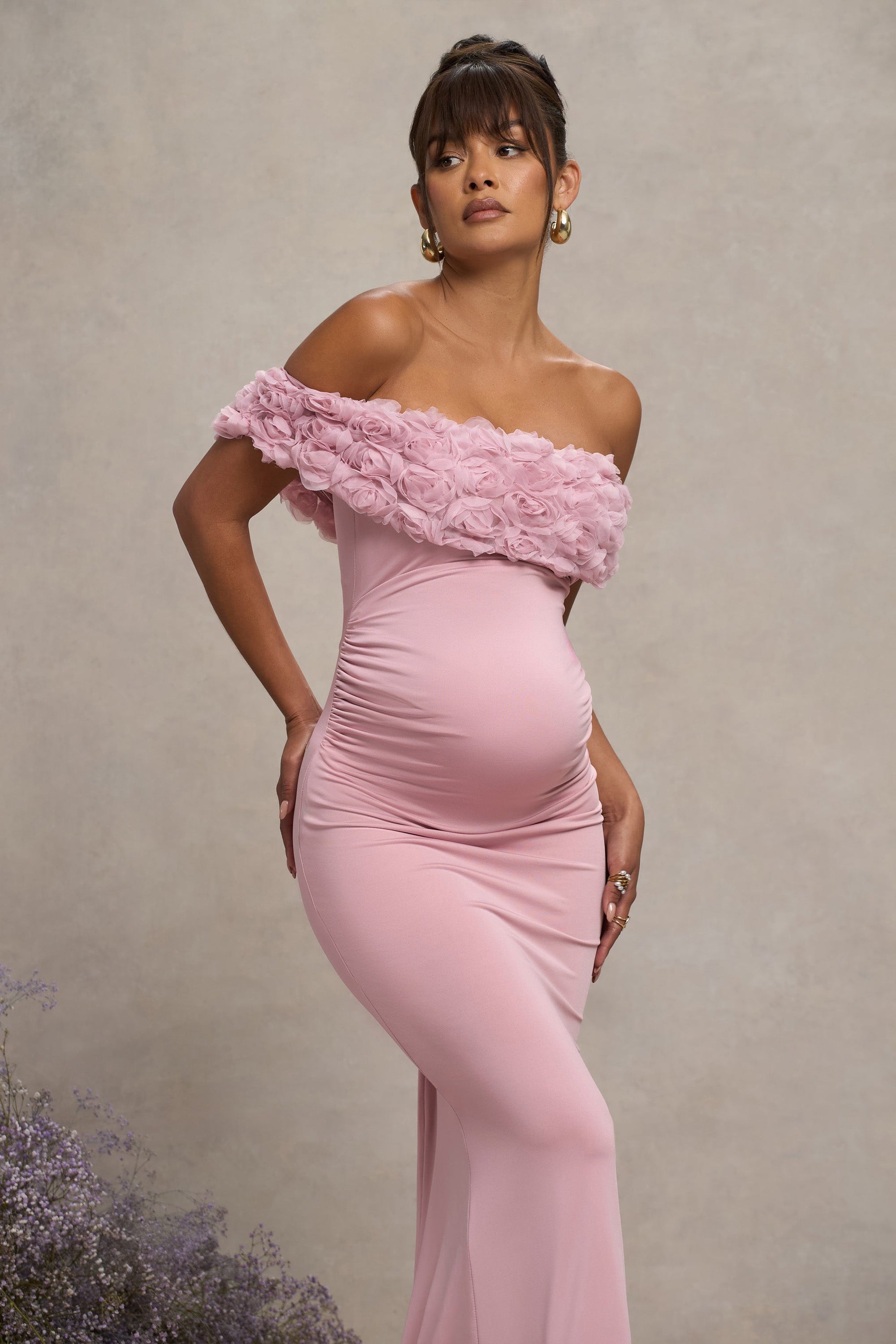 Inflorescence | Blosroze Mesh Bloemen Bardot Zwangerschaps Maxi Jurk