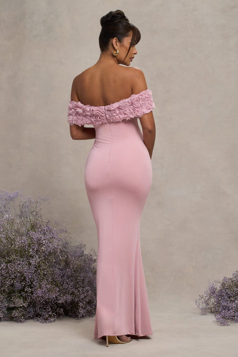 Inflorescence | Blosroze Mesh Bloemen Bardot Zwangerschaps Maxi Jurk