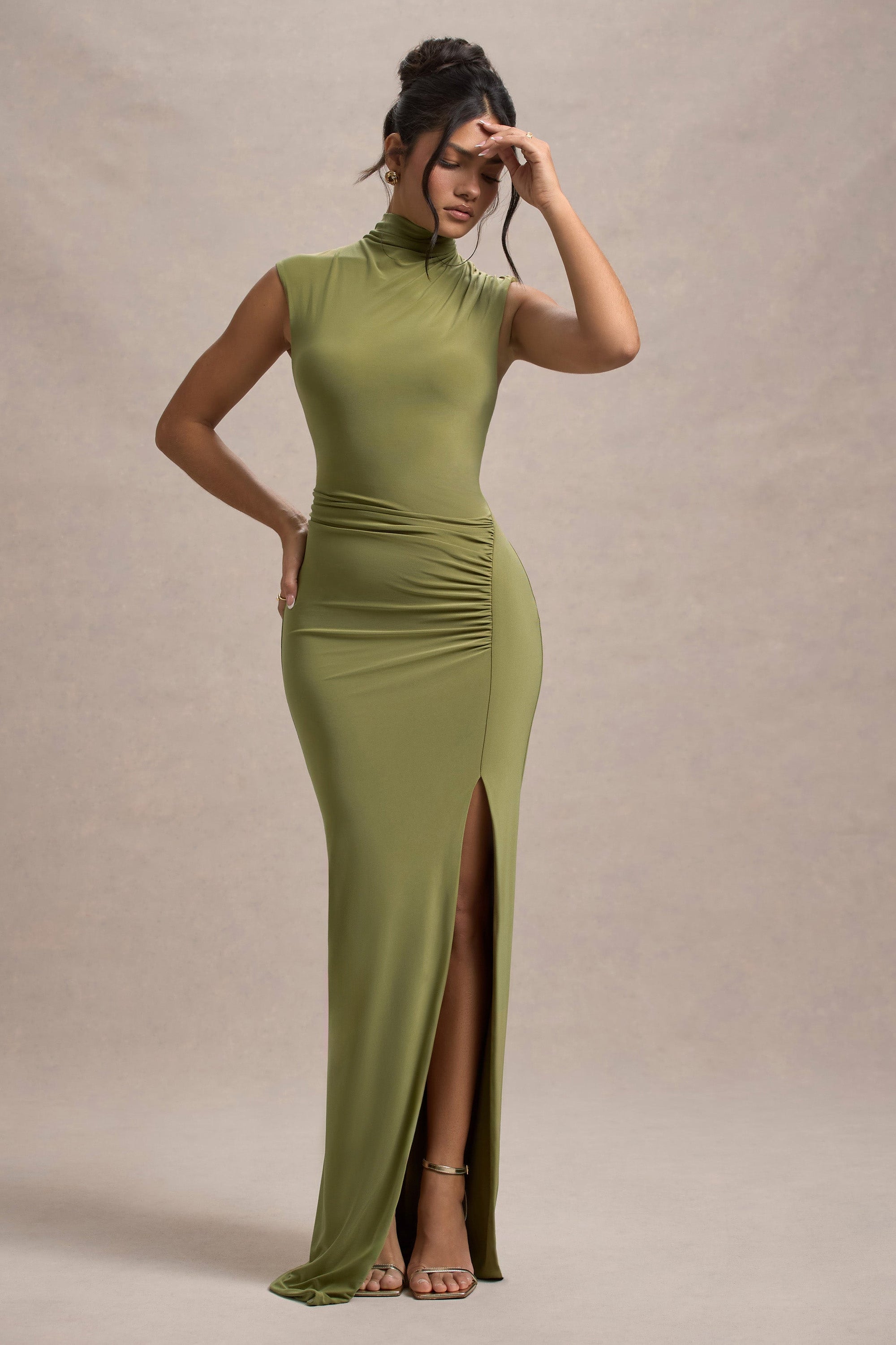 Lanetta | Olijfgroene Hoge Hals Maxi Jurk Met Split