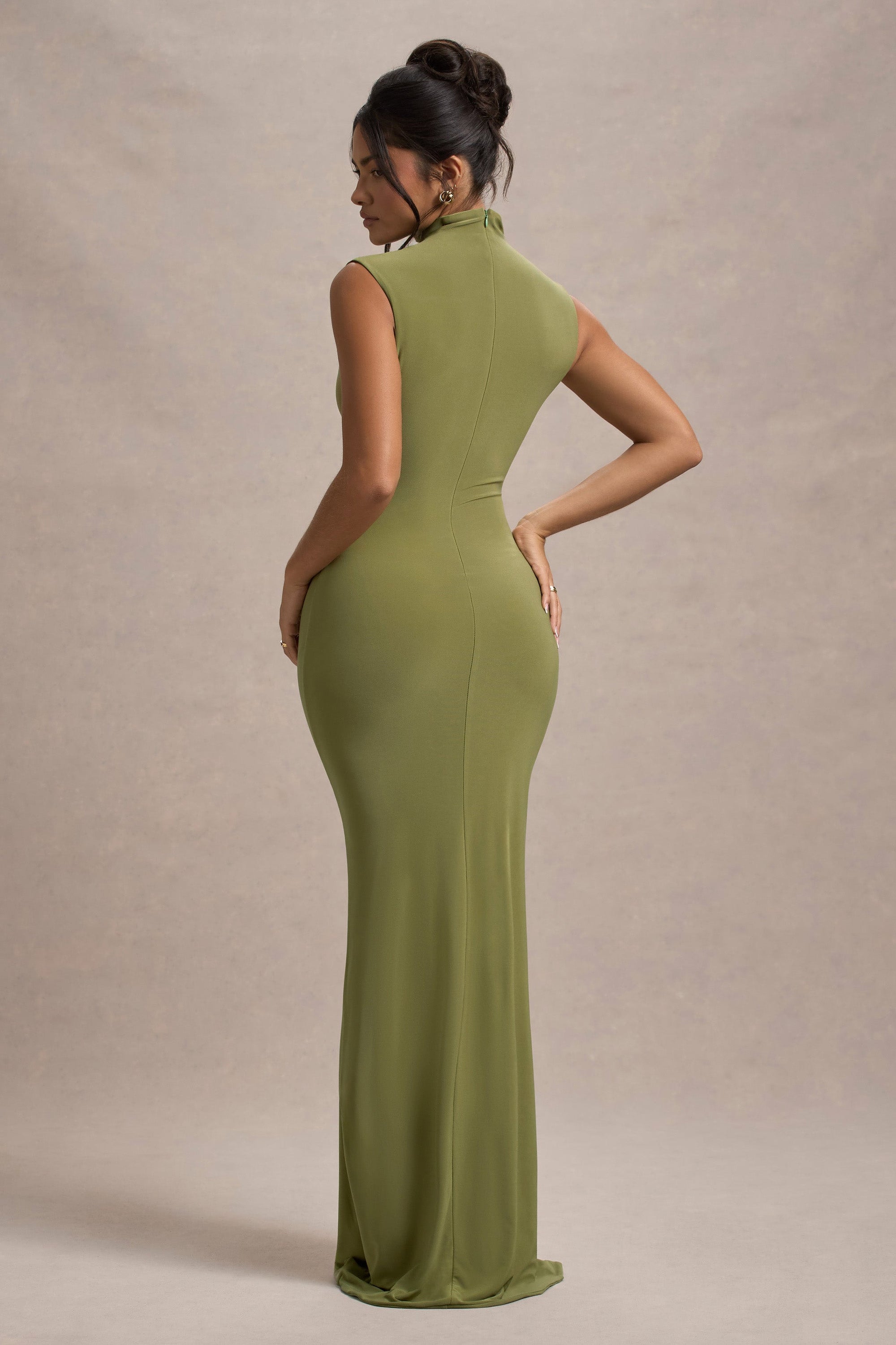 Lanetta | Olijfgroene Hoge Hals Maxi Jurk Met Split