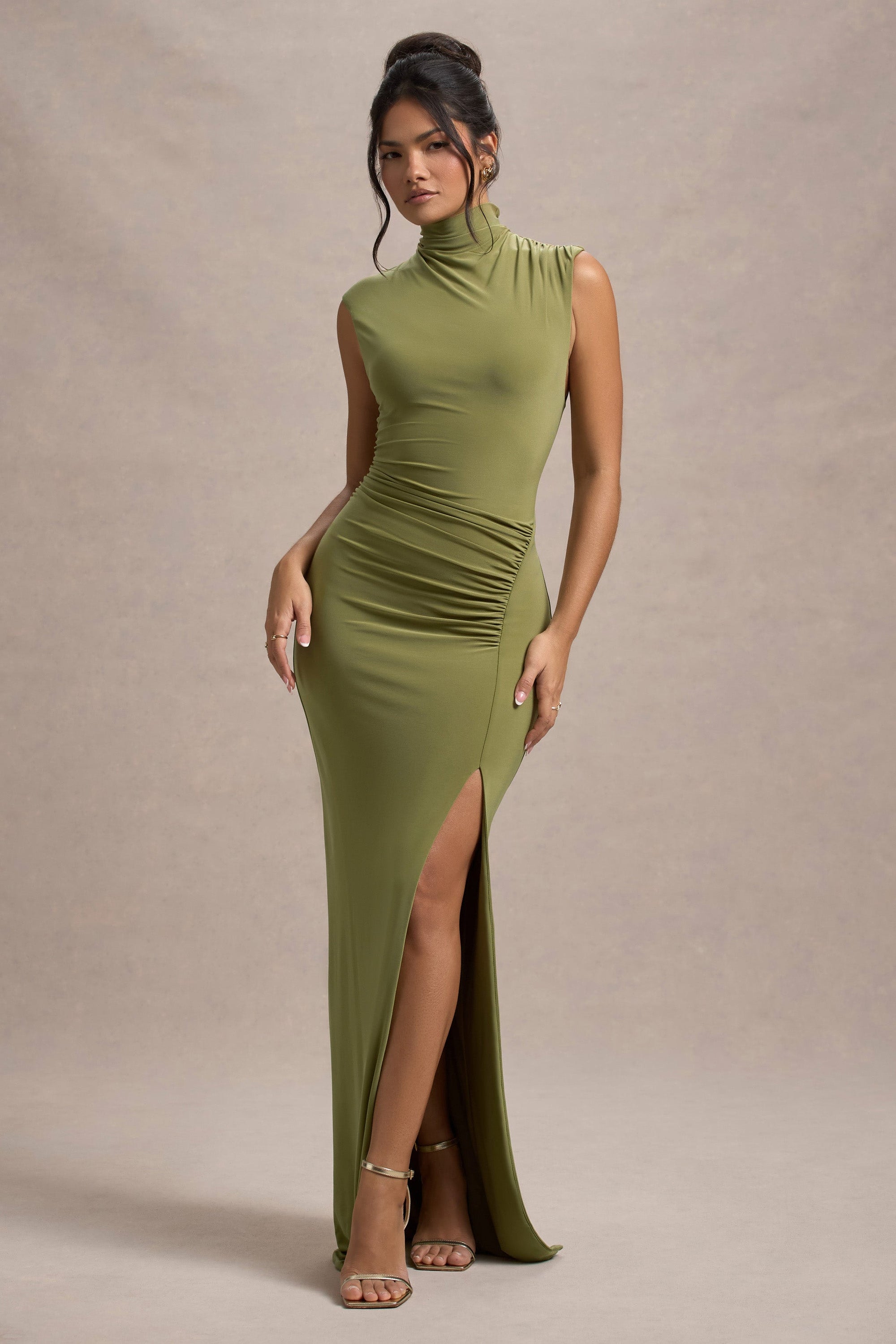 Lanetta | Olijfgroene Hoge Hals Maxi Jurk Met Split