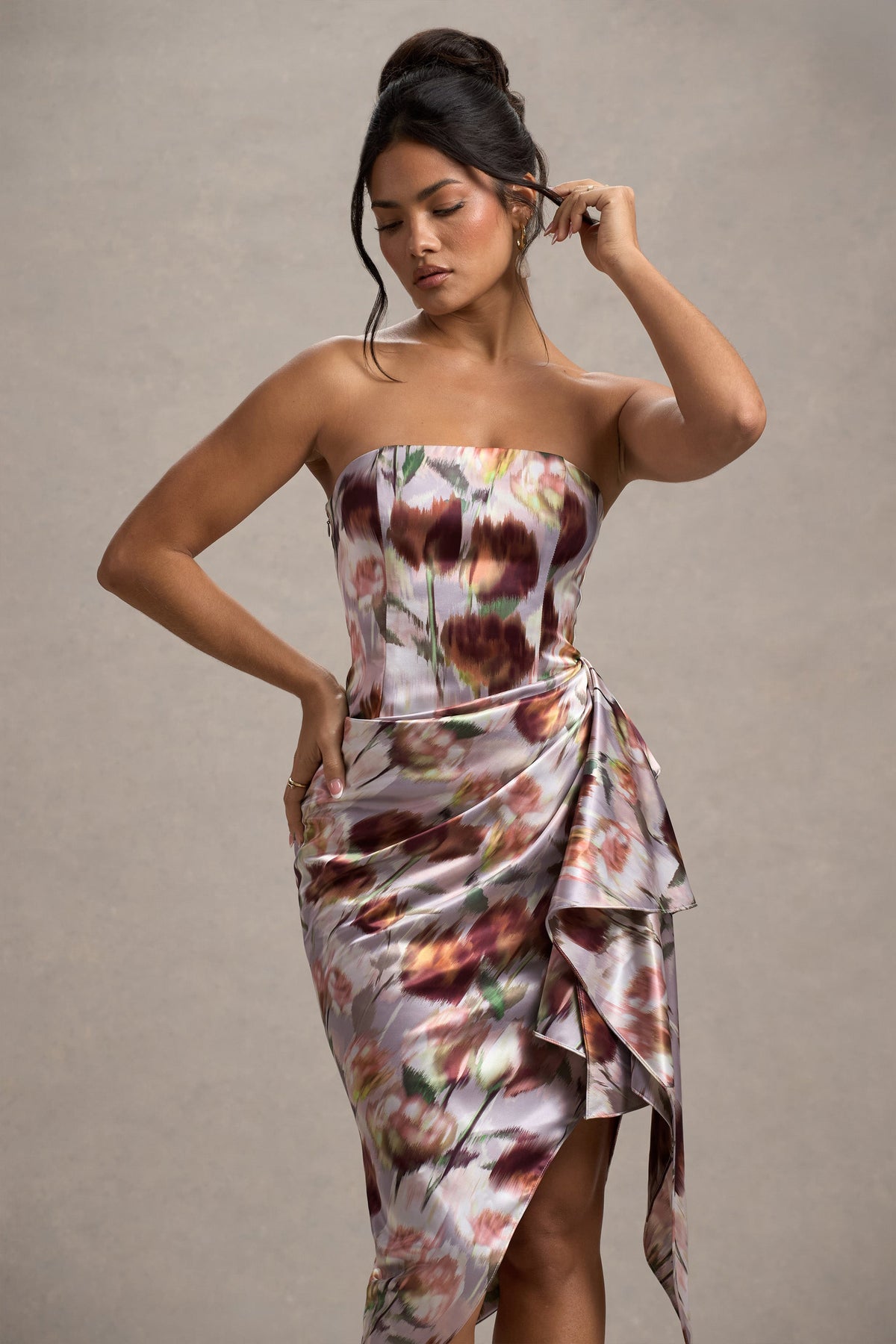 Axel | Crème Bloemenprint Satijnen Strapless Overslag Midi Jurk