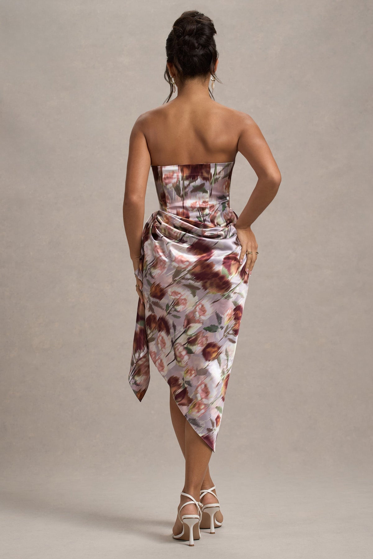Axel | Crème Bloemenprint Satijnen Strapless Overslag Midi Jurk