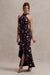 Melodia | Zwarte Ditsy Bloemenprint Satijnen Ruched Maxi Jurk Met Halter Nek