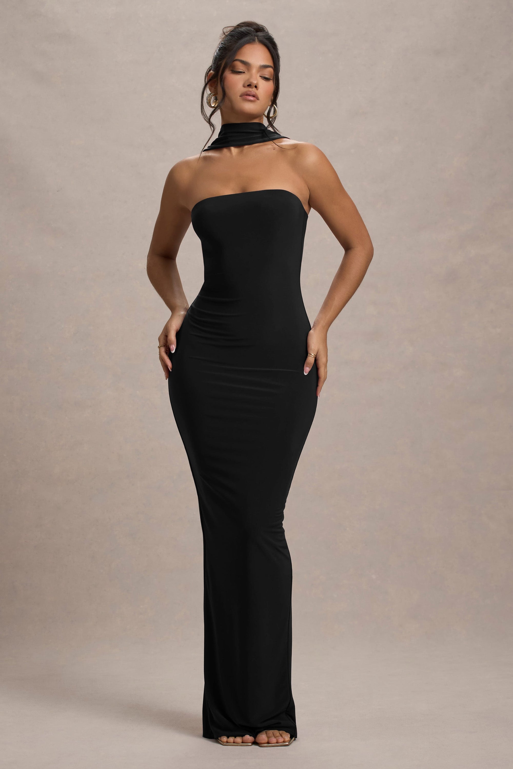 Nobu | Zwarte Bandeau Maxi Jurk Met Halter kraag
