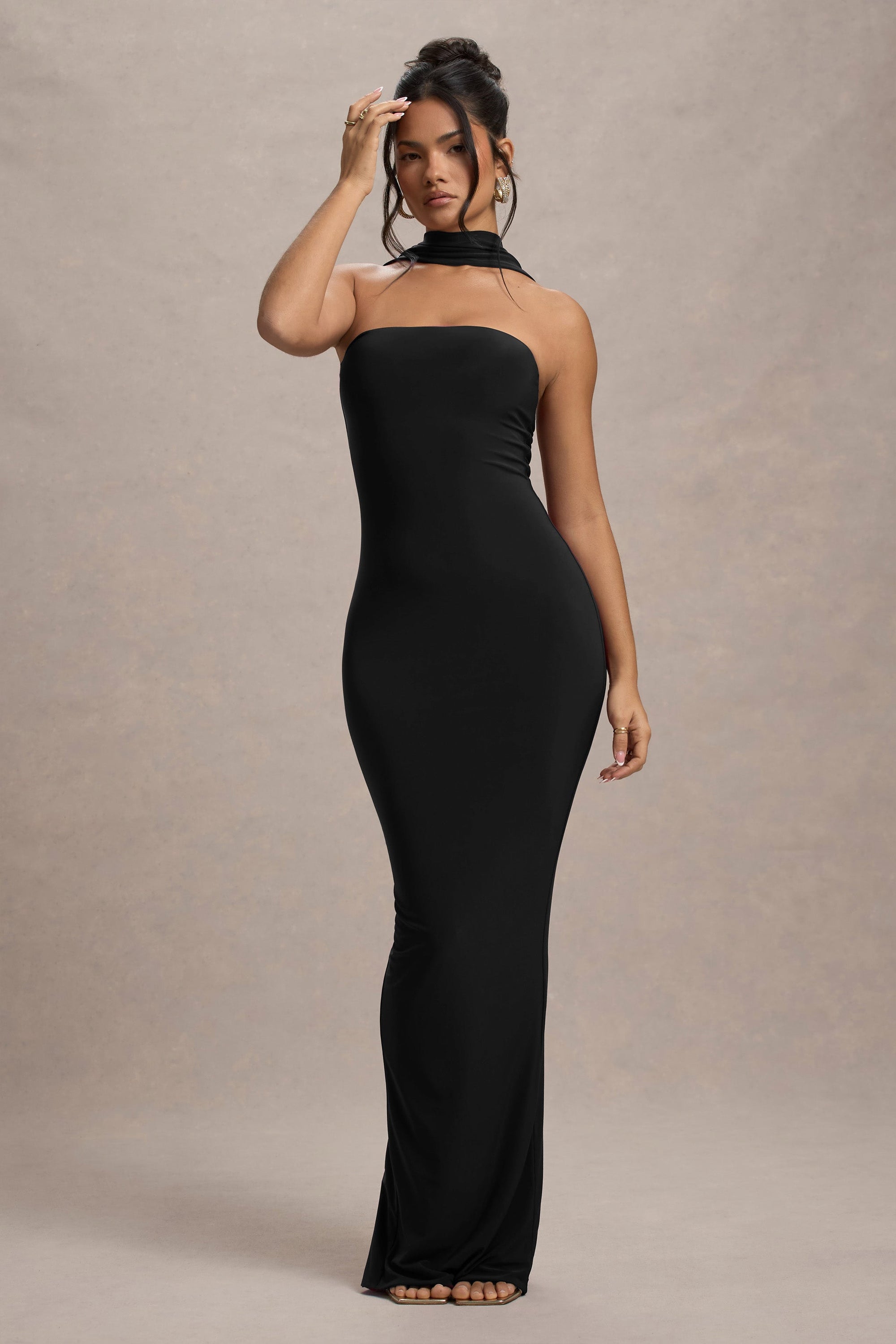 Nobu | Zwarte Bandeau Maxi Jurk Met Halter kraag
