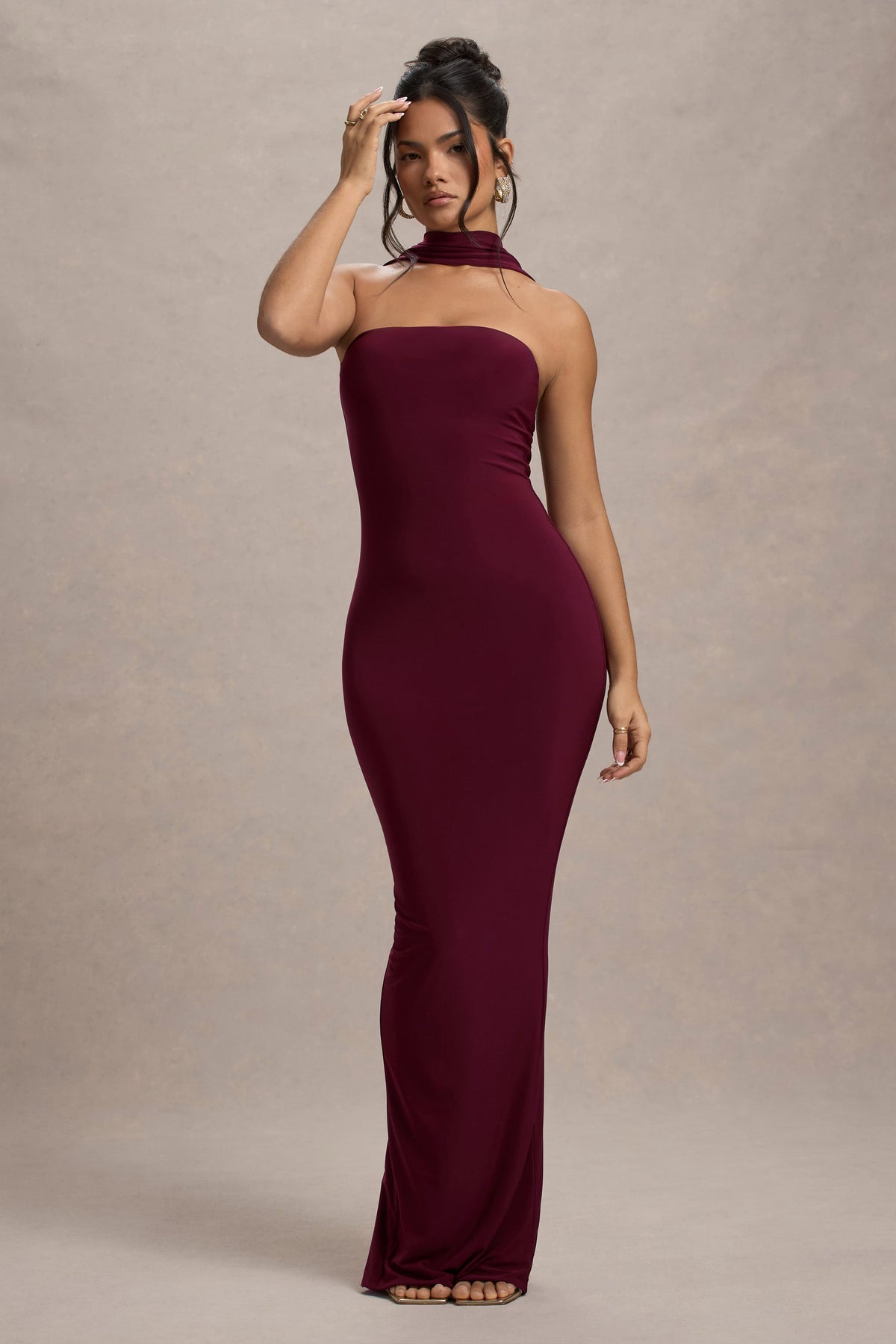 Nobu | Bordeaux Bandeau Maxi Jurk Met Halter Kraag