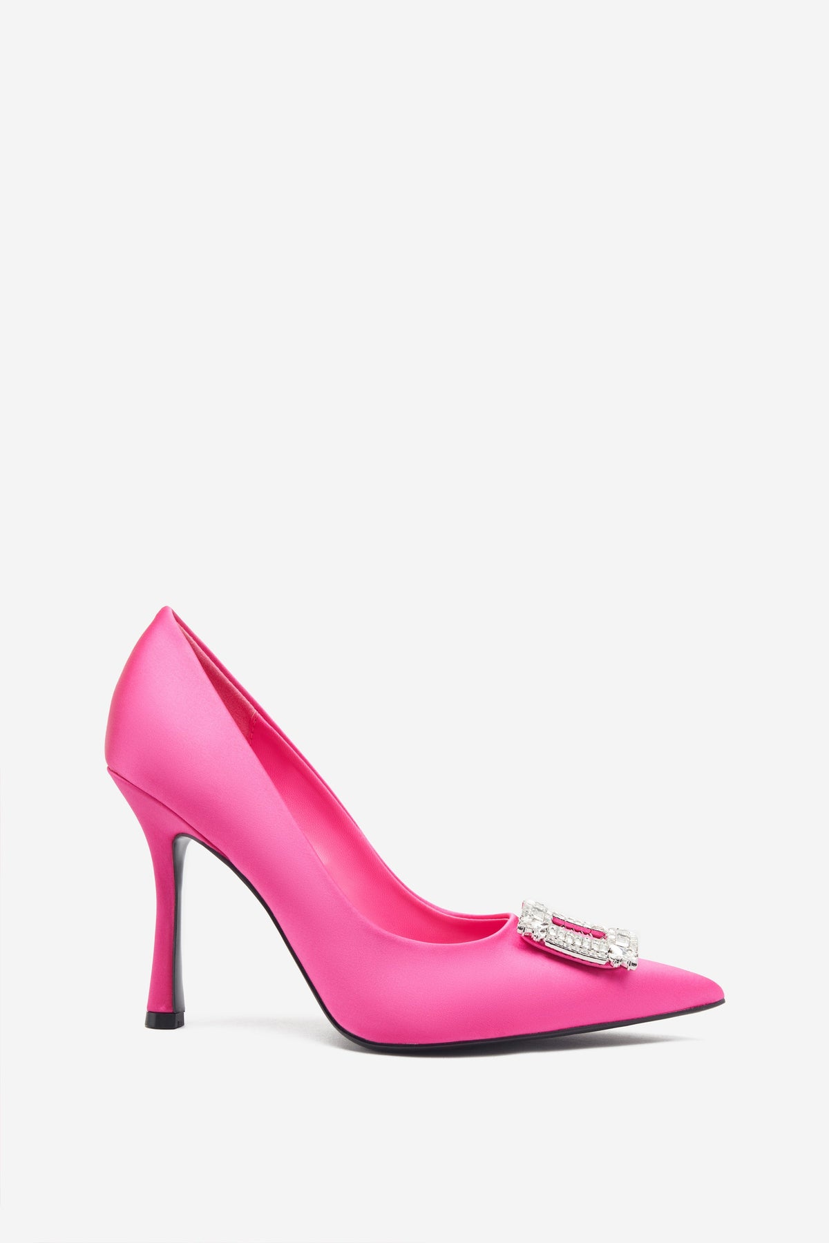 Lawless | Felroze Satijnen Pumps met Puntige Neus en Diamanten Broches