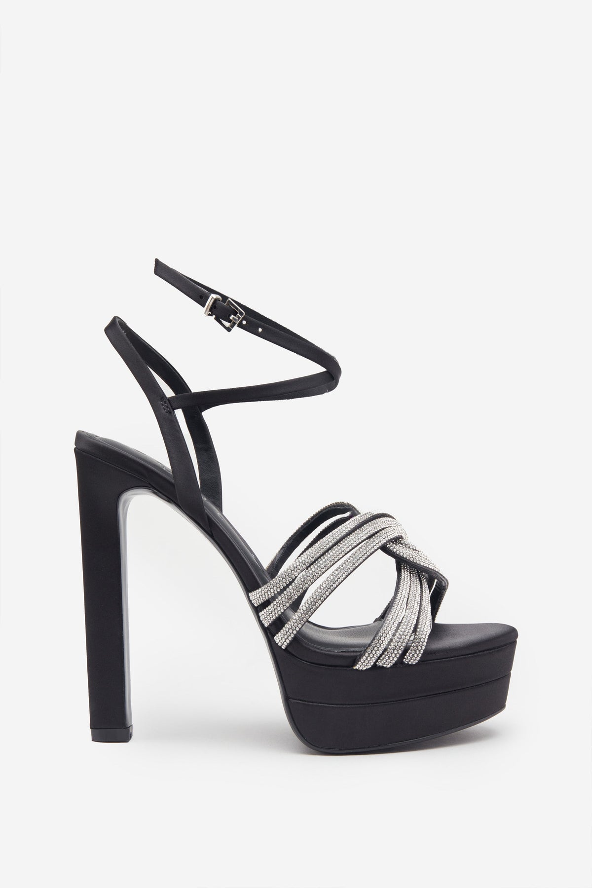 Doll Drama | Zwarte Satijnen Diamanten Platform Hakken Met Bandjes