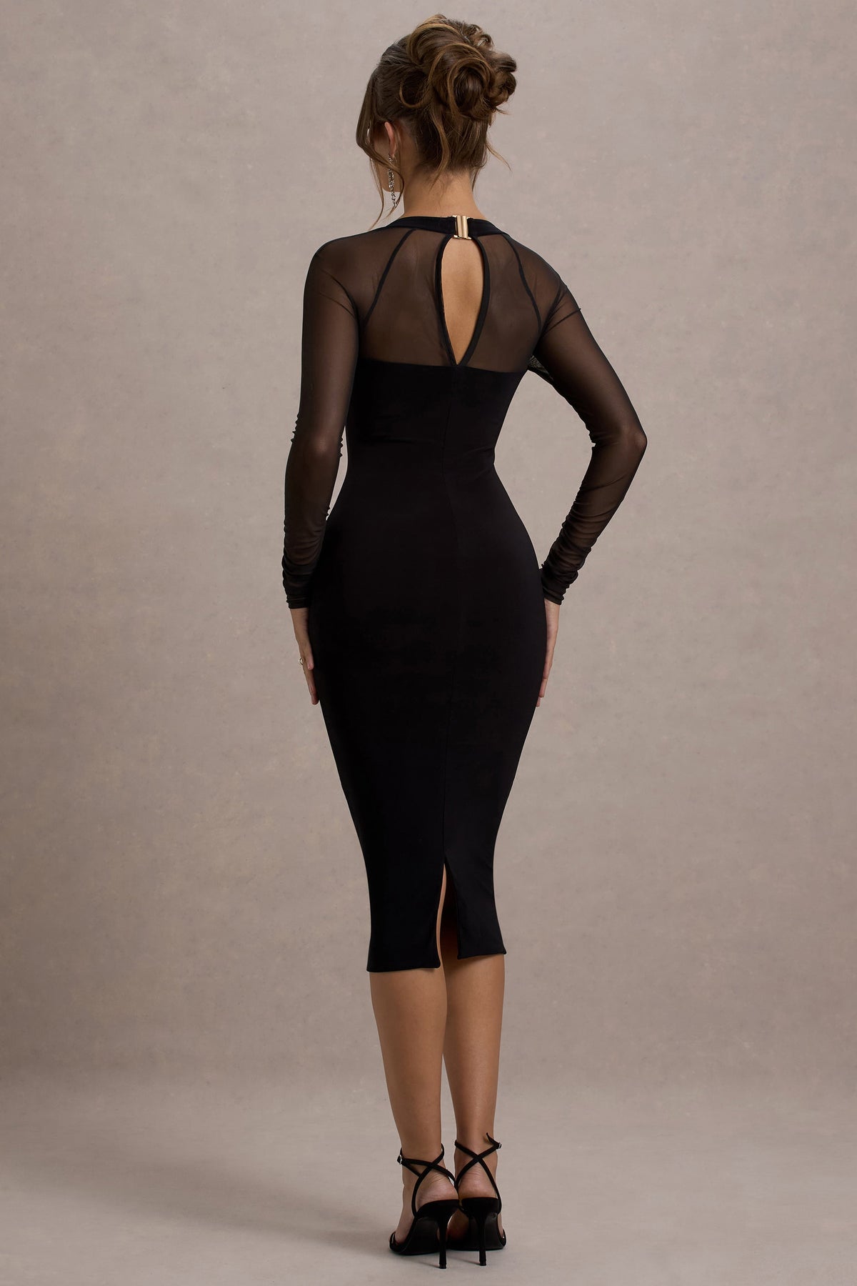 Off Track | Zwarte Bodycon Midi Jurk Met Doorschijnend Mouwen