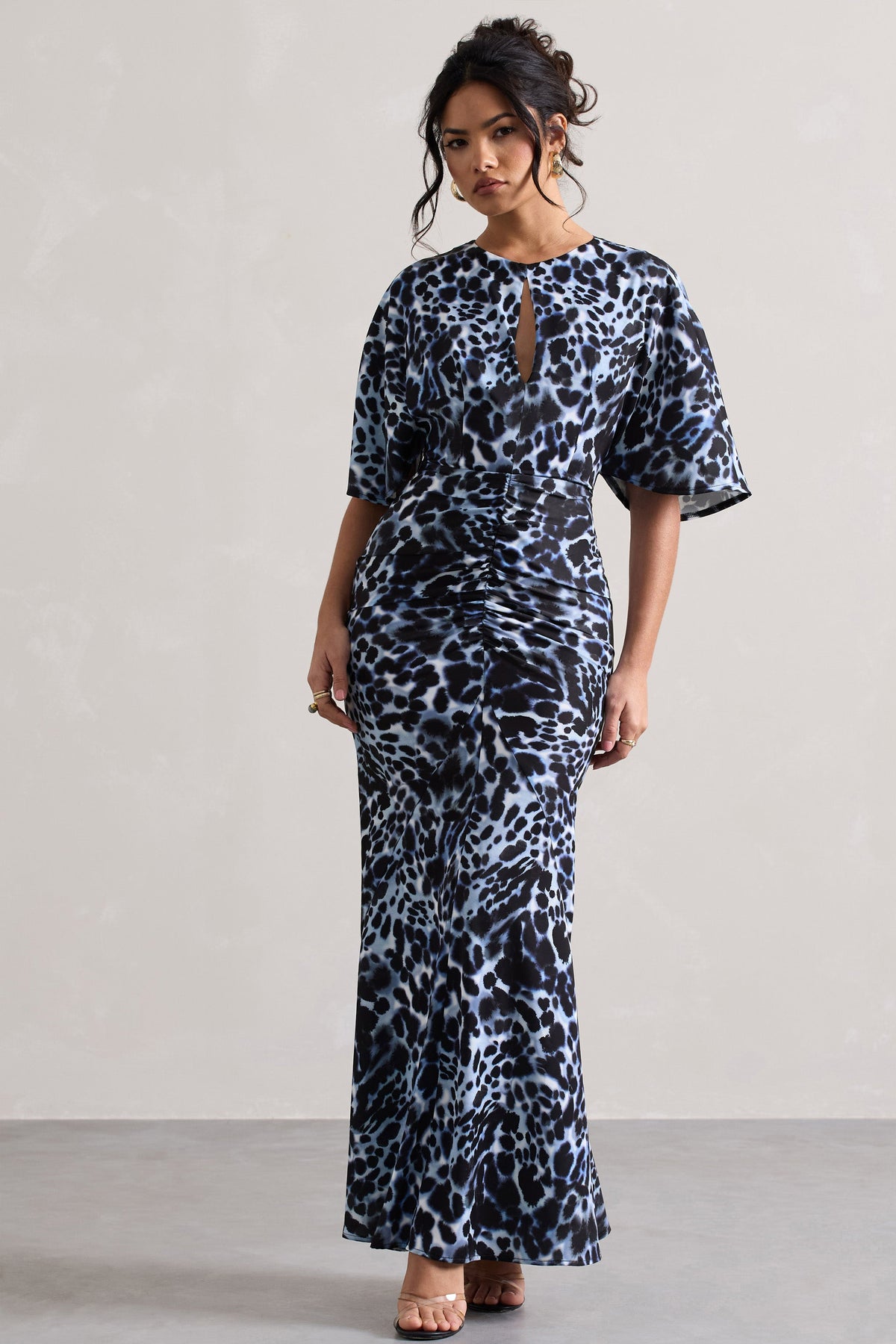 Elidy | Dieren Print Gerimpeld Maxi Jurk Met Fladder Mouw En Uitsnijding Detail