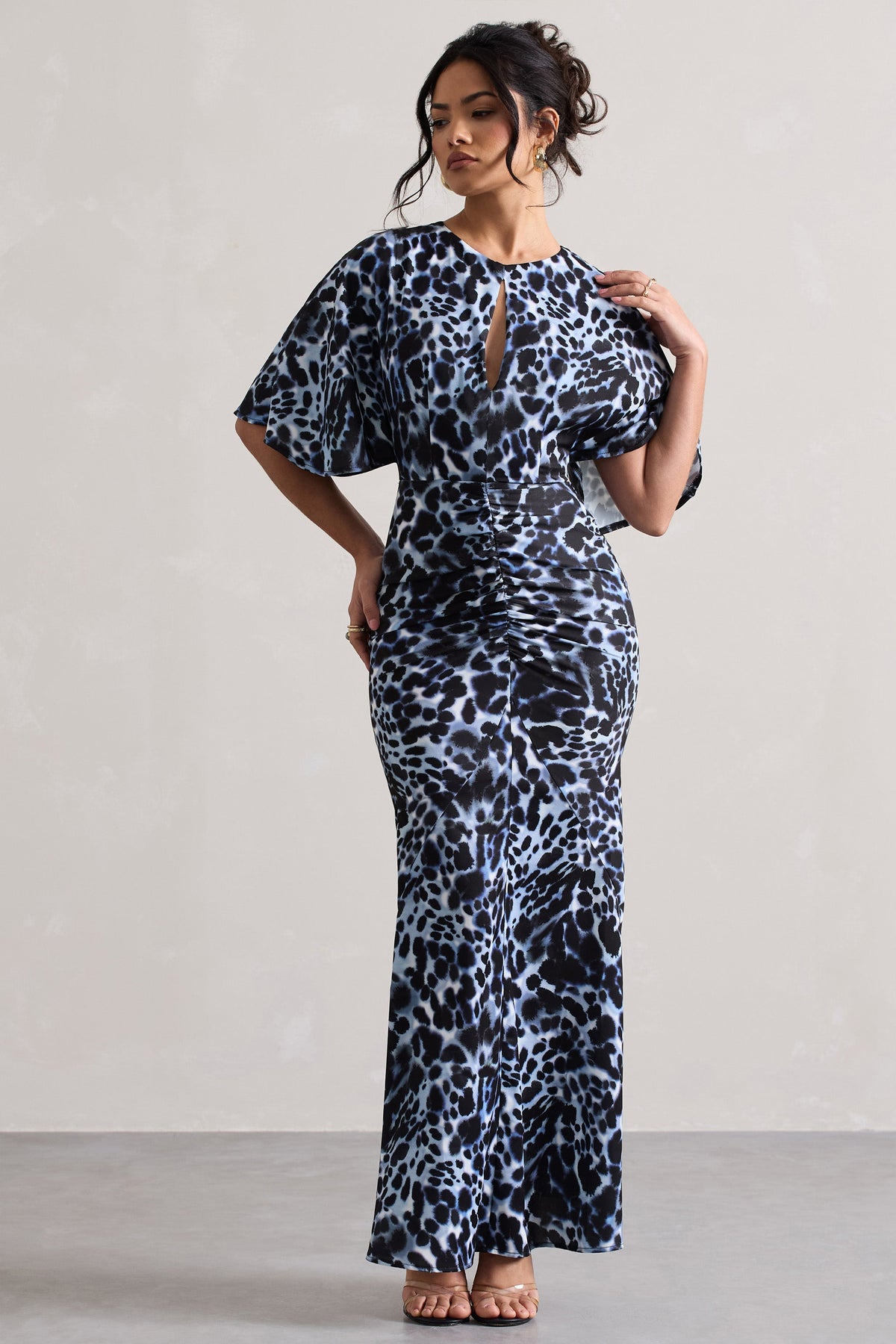 Elidy | Dieren Print Gerimpeld Maxi Jurk Met Fladder Mouw En Uitsnijding Detail